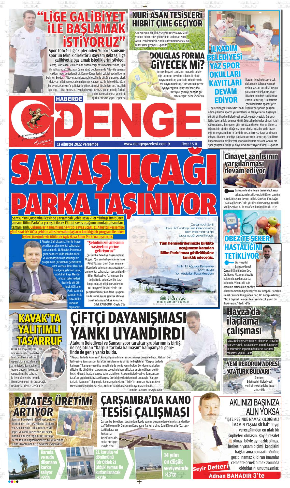 11 Ağustos 2022 Samsun Denge Gazete Manşeti