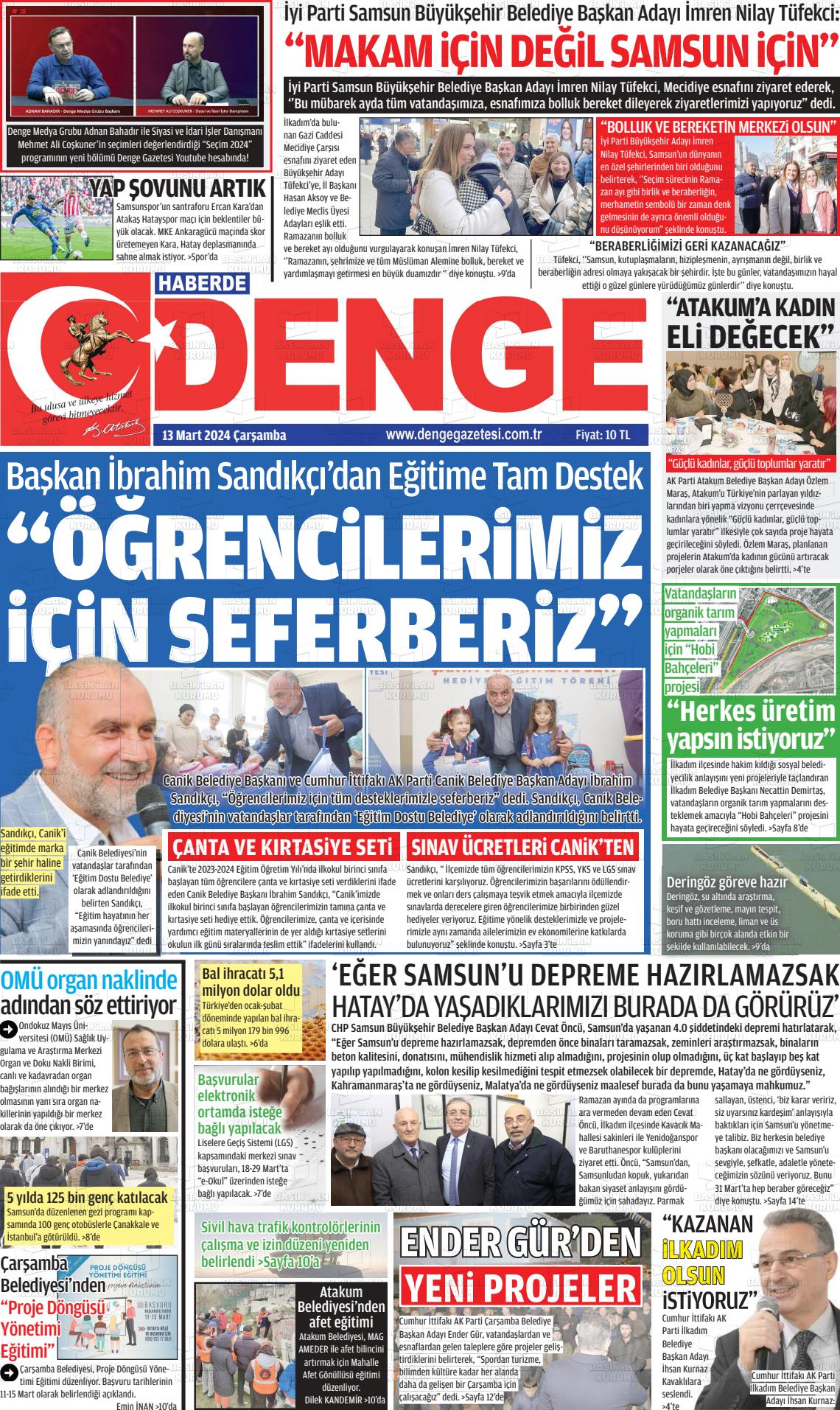 13 Mart 2024 Samsun Denge Gazete Manşeti