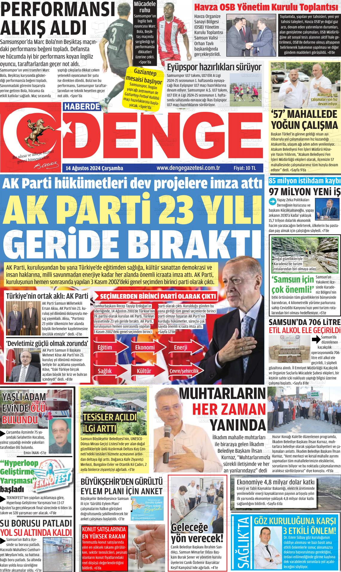 14 Ağustos 2024 Samsun Denge Gazete Manşeti