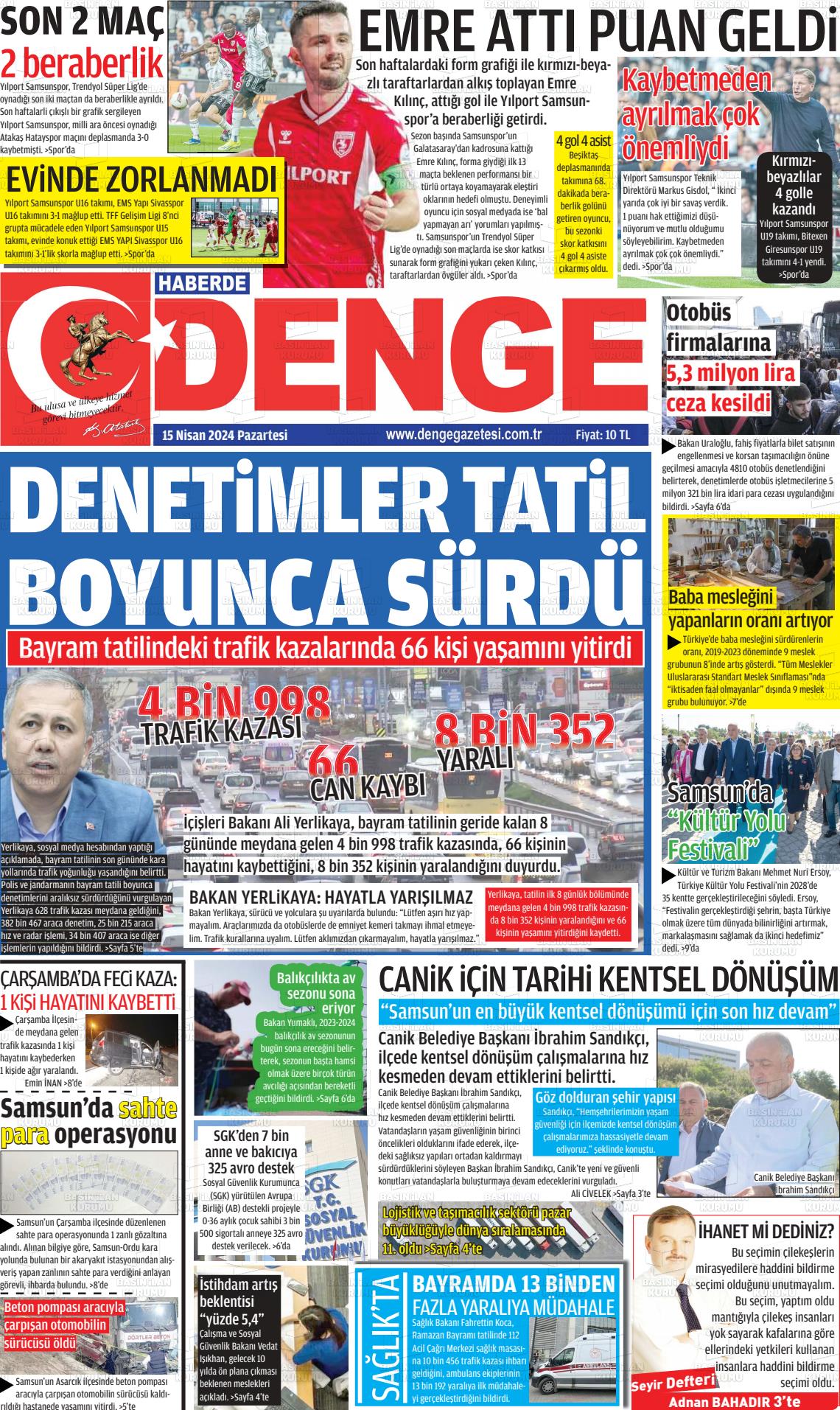 15 Nisan 2024 Samsun Denge Gazete Manşeti