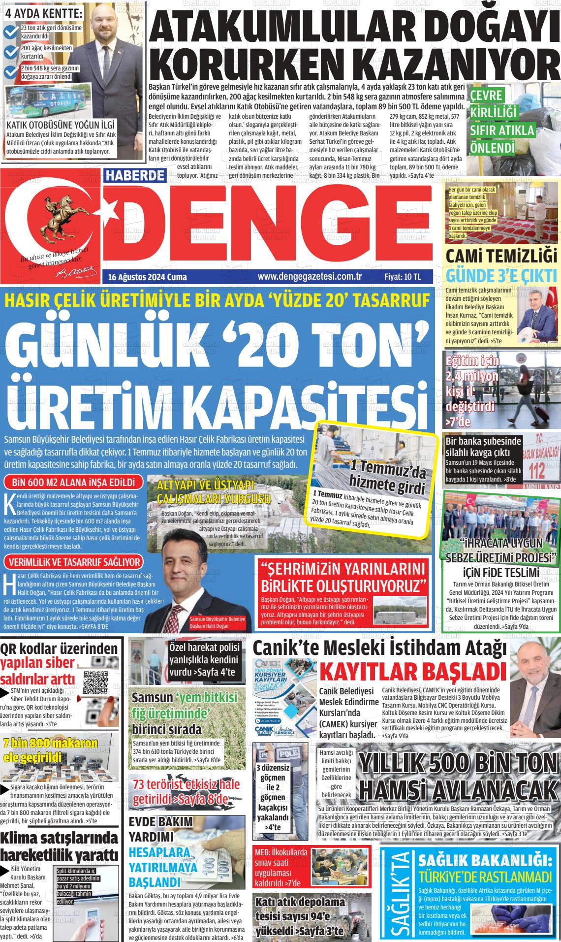 16 Ağustos 2024 Samsun Denge Gazete Manşeti