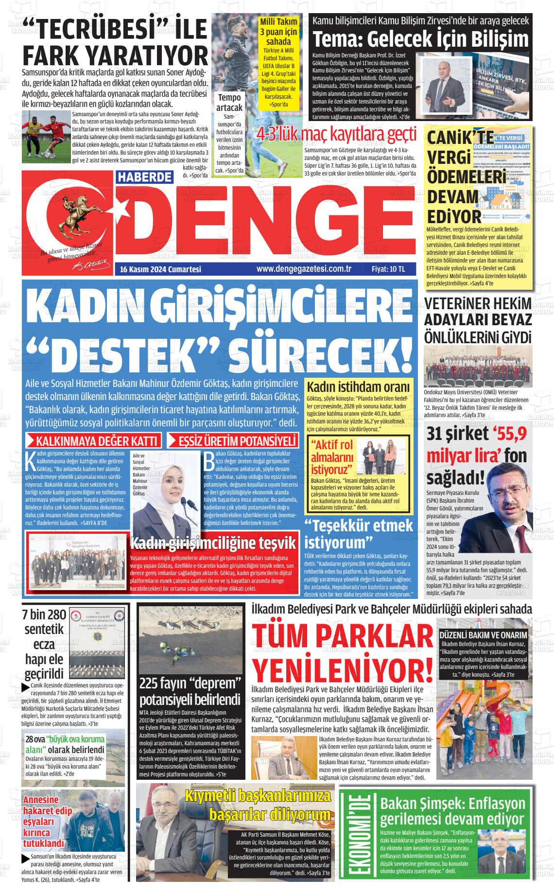 16 Kasım 2024 Samsun Denge Gazete Manşeti