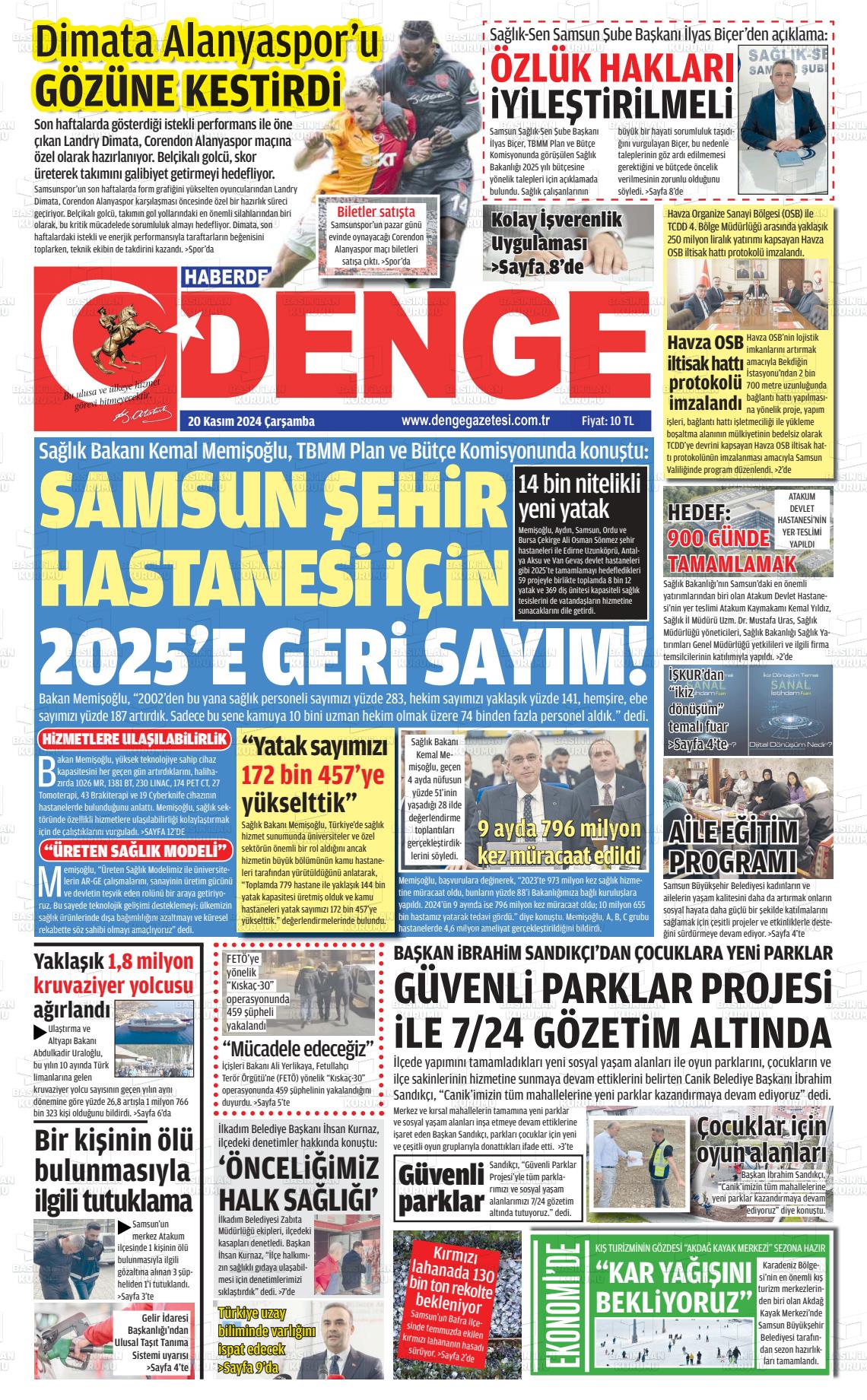 20 Kasım 2024 Samsun Denge Gazete Manşeti