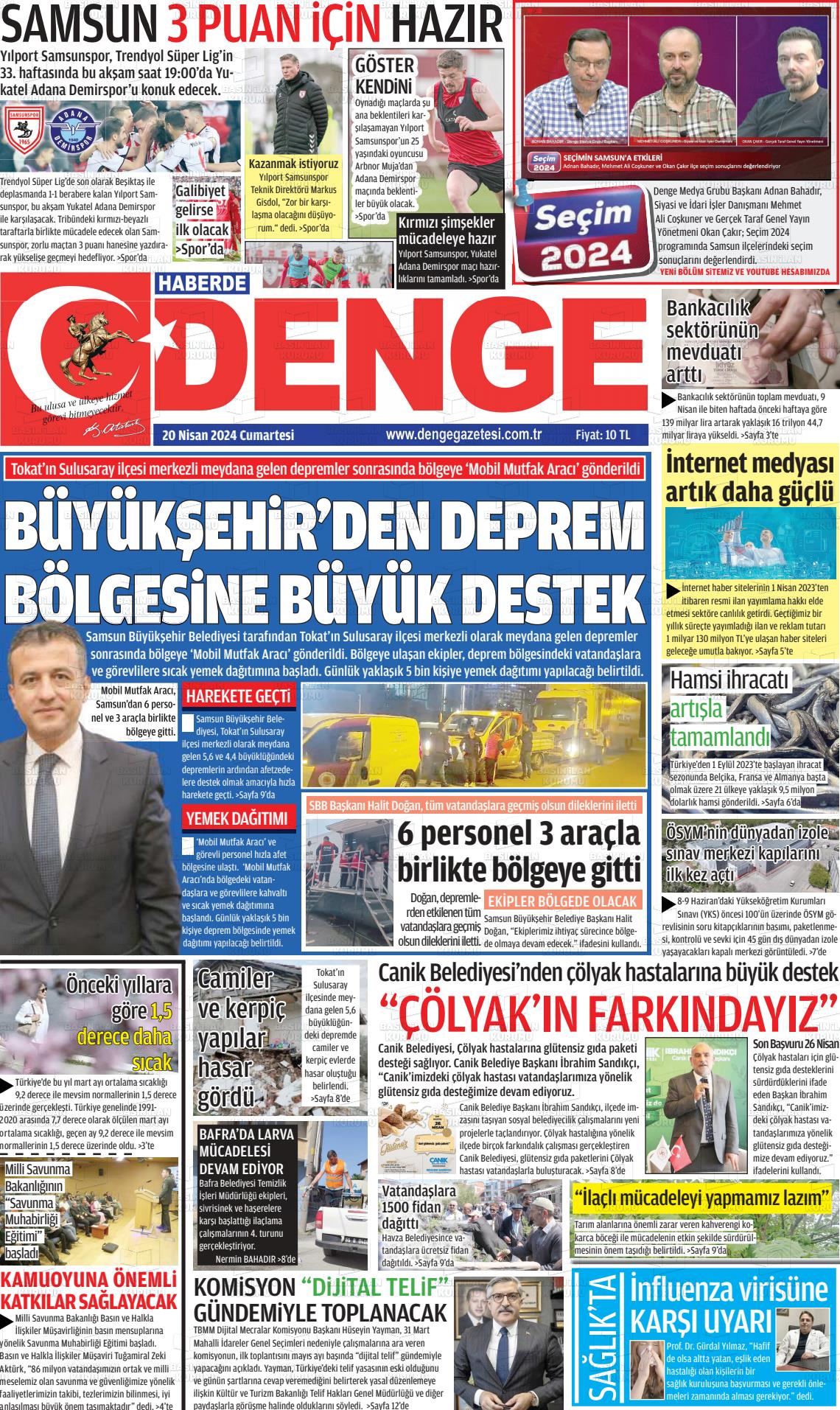 20 Nisan 2024 Samsun Denge Gazete Manşeti