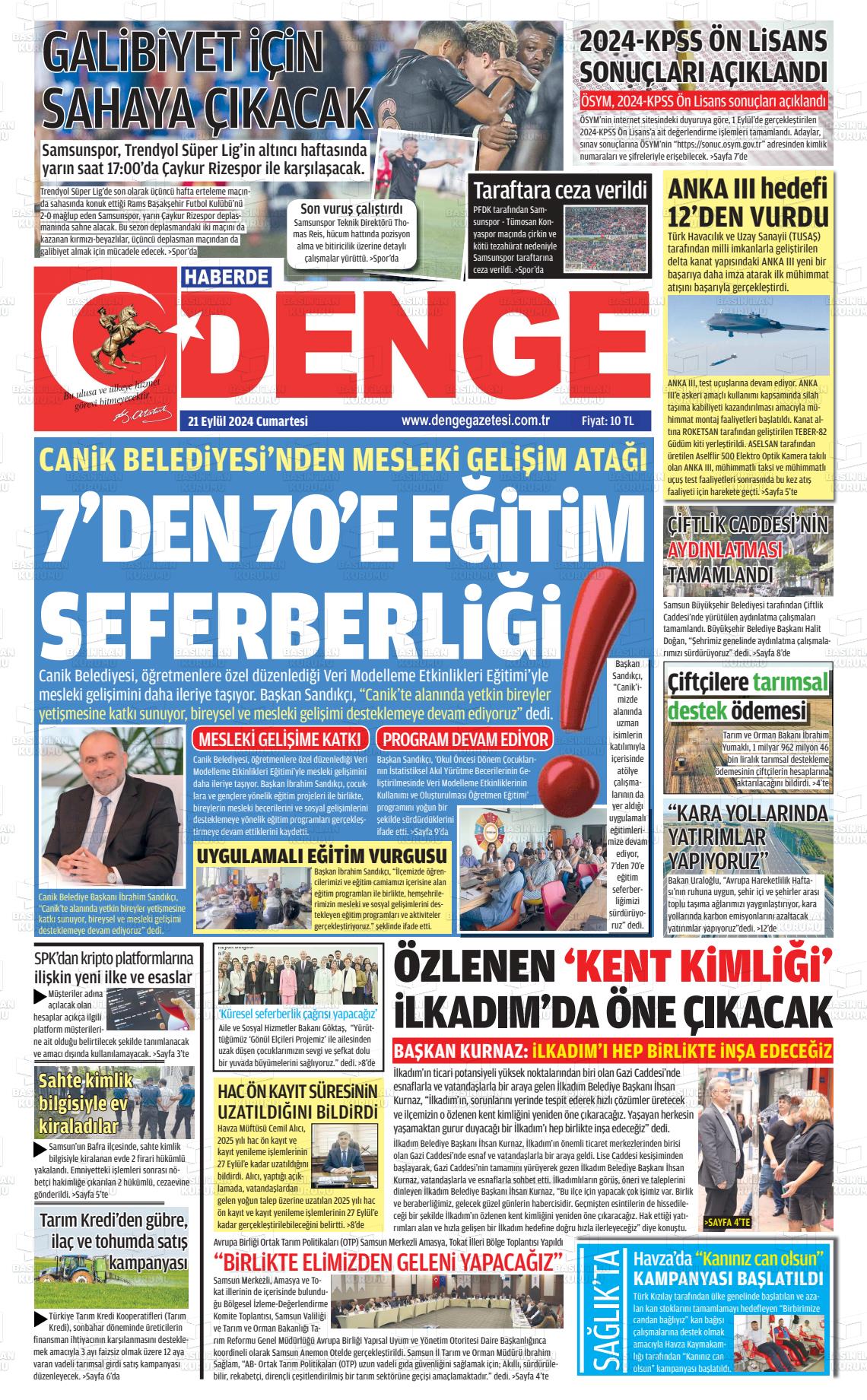 21 Eylül 2024 Samsun Denge Gazete Manşeti