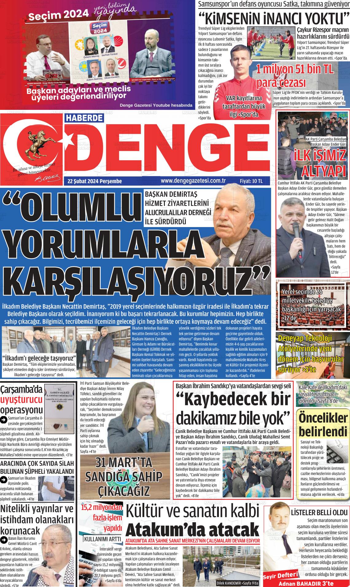 22 Şubat 2024 Samsun Denge Gazete Manşeti