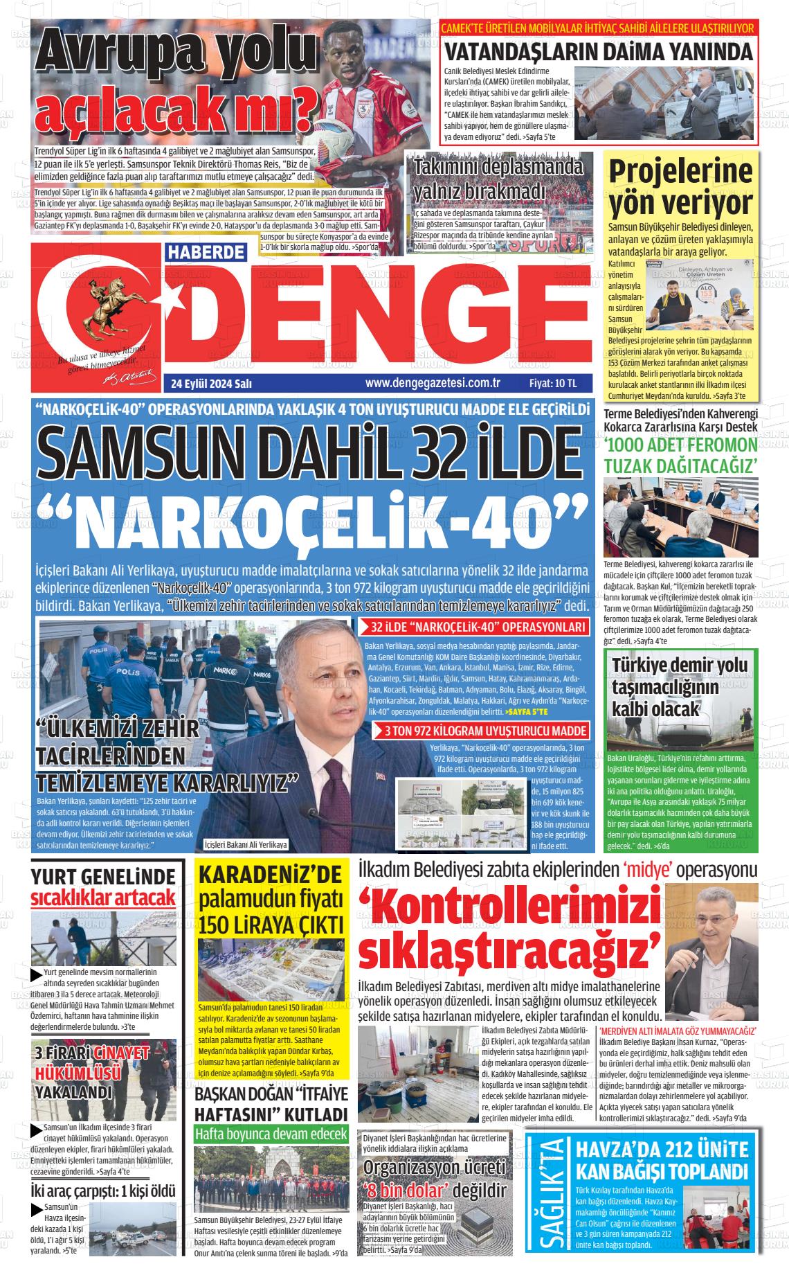 24 Eylül 2024 Samsun Denge Gazete Manşeti