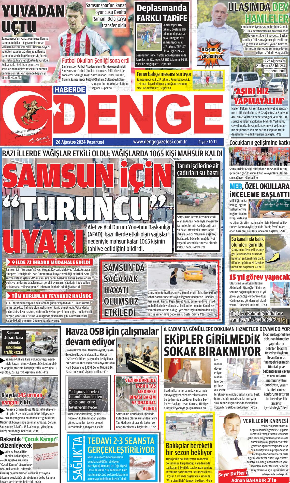 26 Ağustos 2024 Samsun Denge Gazete Manşeti