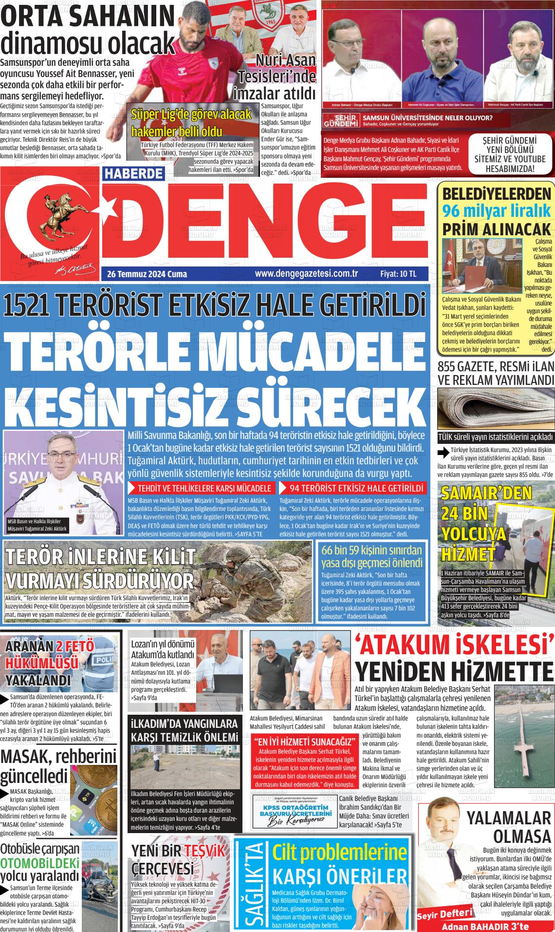 26 Temmuz 2024 Samsun Denge Gazete Manşeti