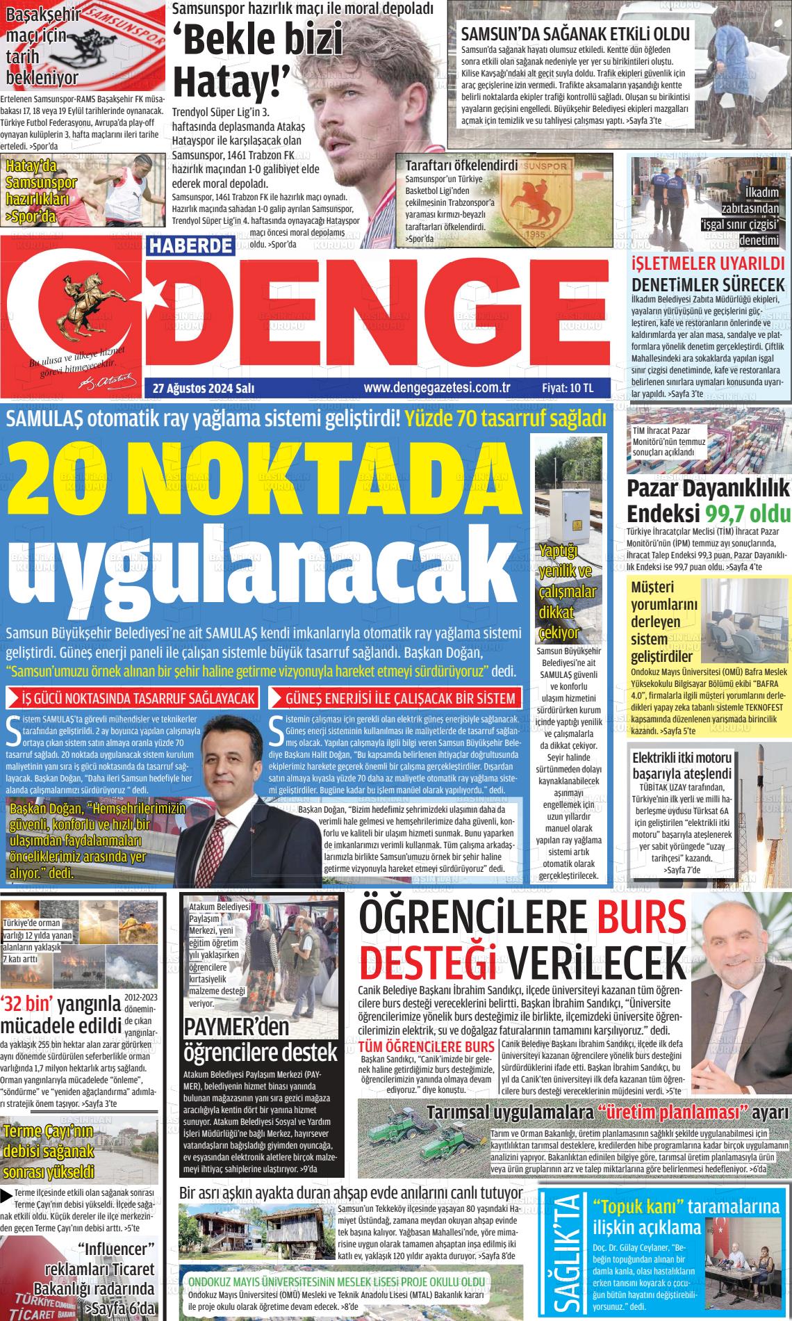 27 Ağustos 2024 Samsun Denge Gazete Manşeti