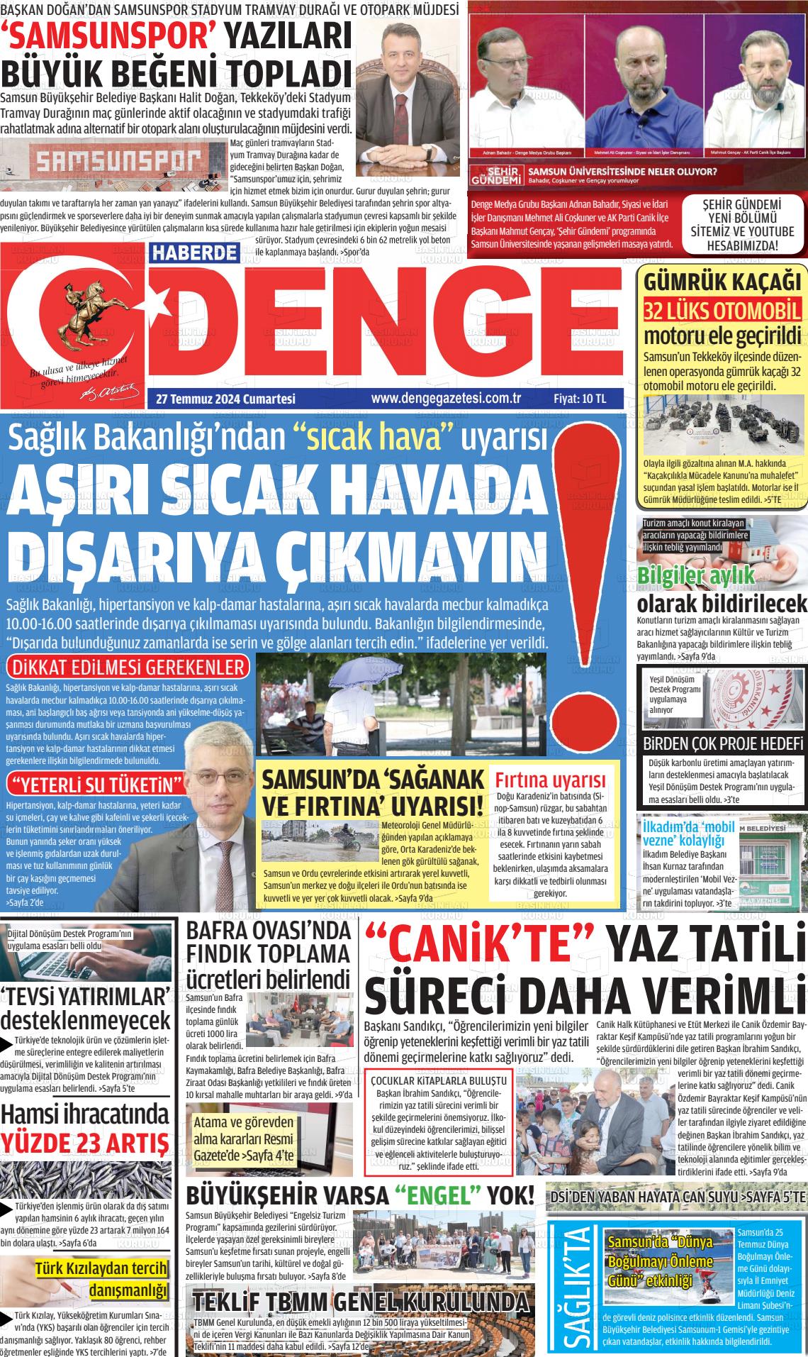 27 Temmuz 2024 Samsun Denge Gazete Manşeti