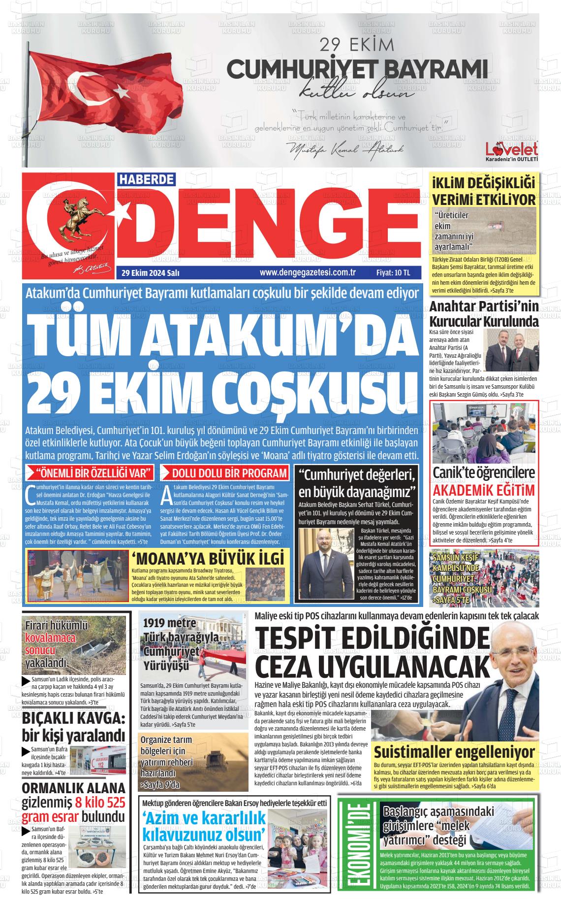 29 Ekim 2024 Samsun Denge Gazete Manşeti