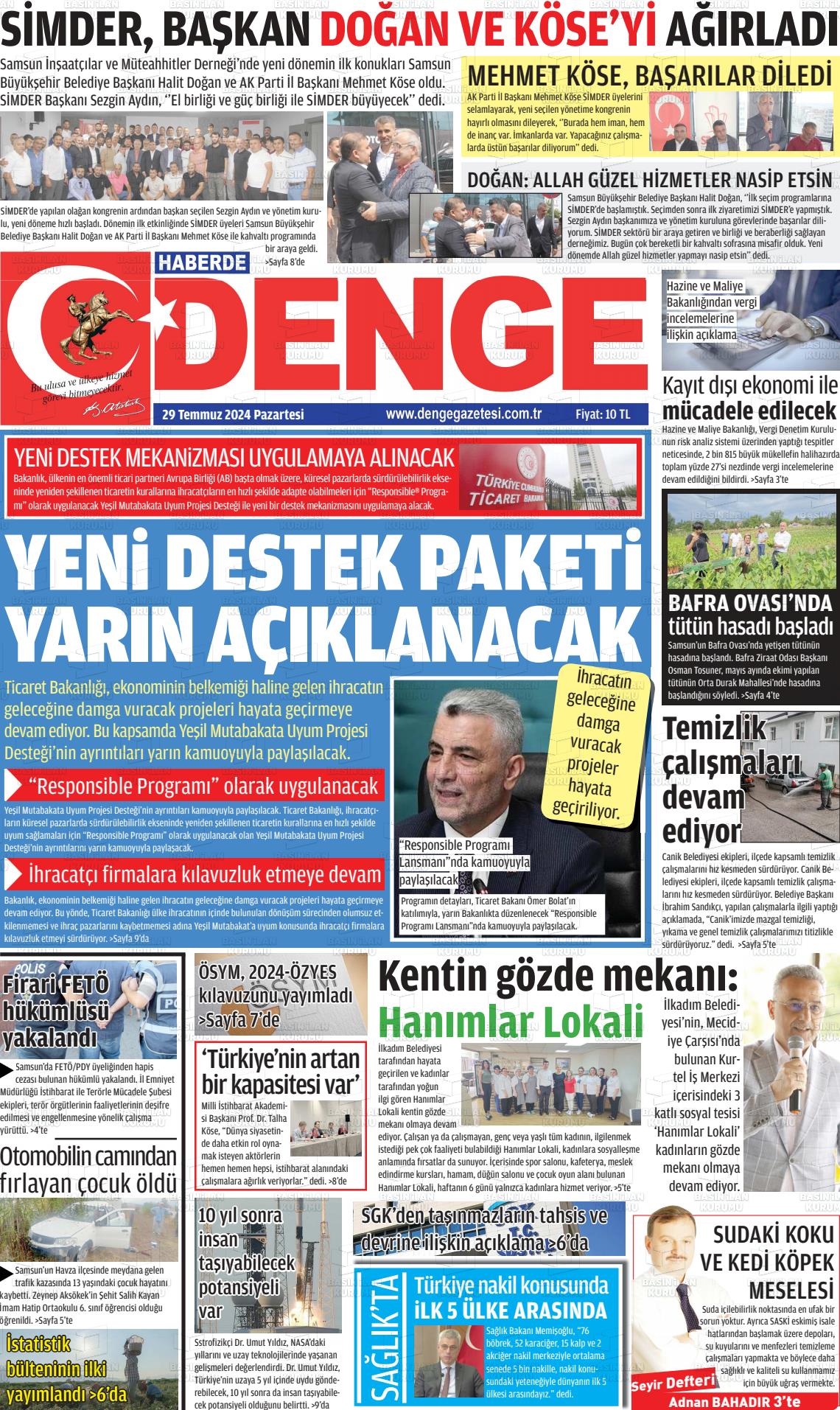 29 Temmuz 2024 Samsun Denge Gazete Manşeti