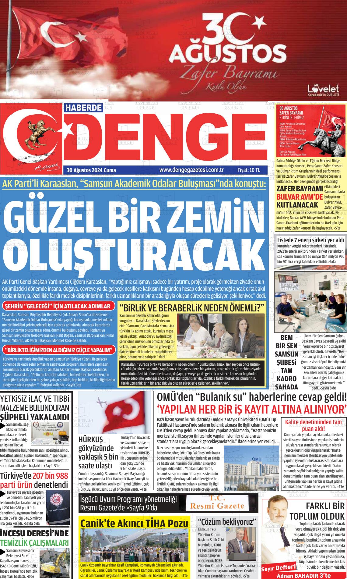 30 Ağustos 2024 Samsun Denge Gazete Manşeti