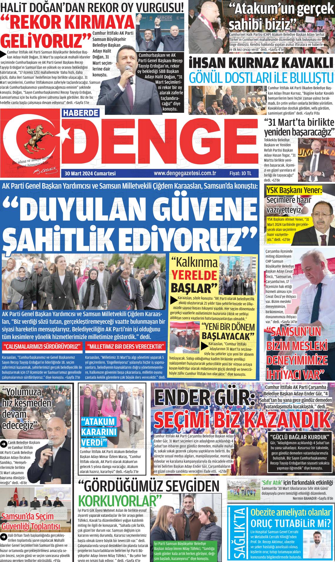 30 Mart 2024 Samsun Denge Gazete Manşeti