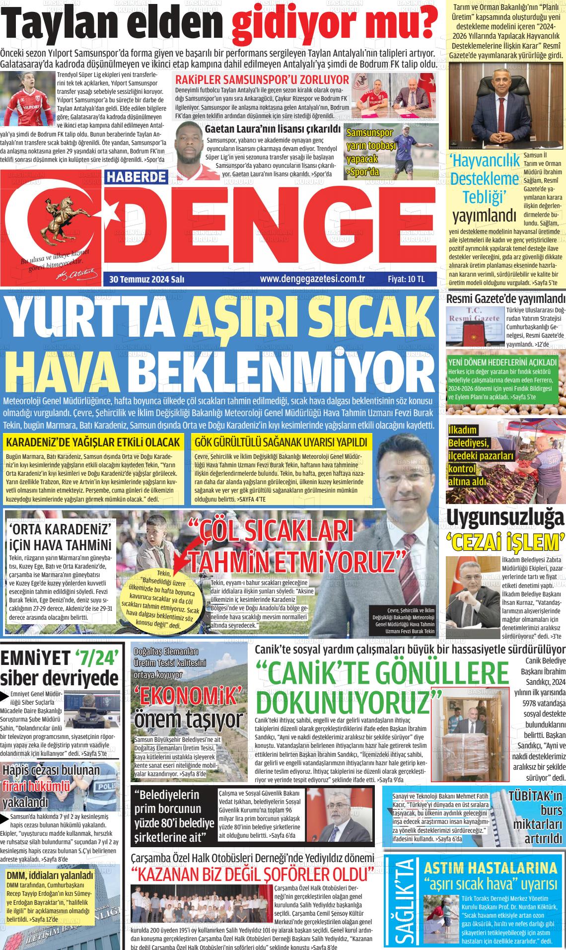 30 Temmuz 2024 Samsun Denge Gazete Manşeti