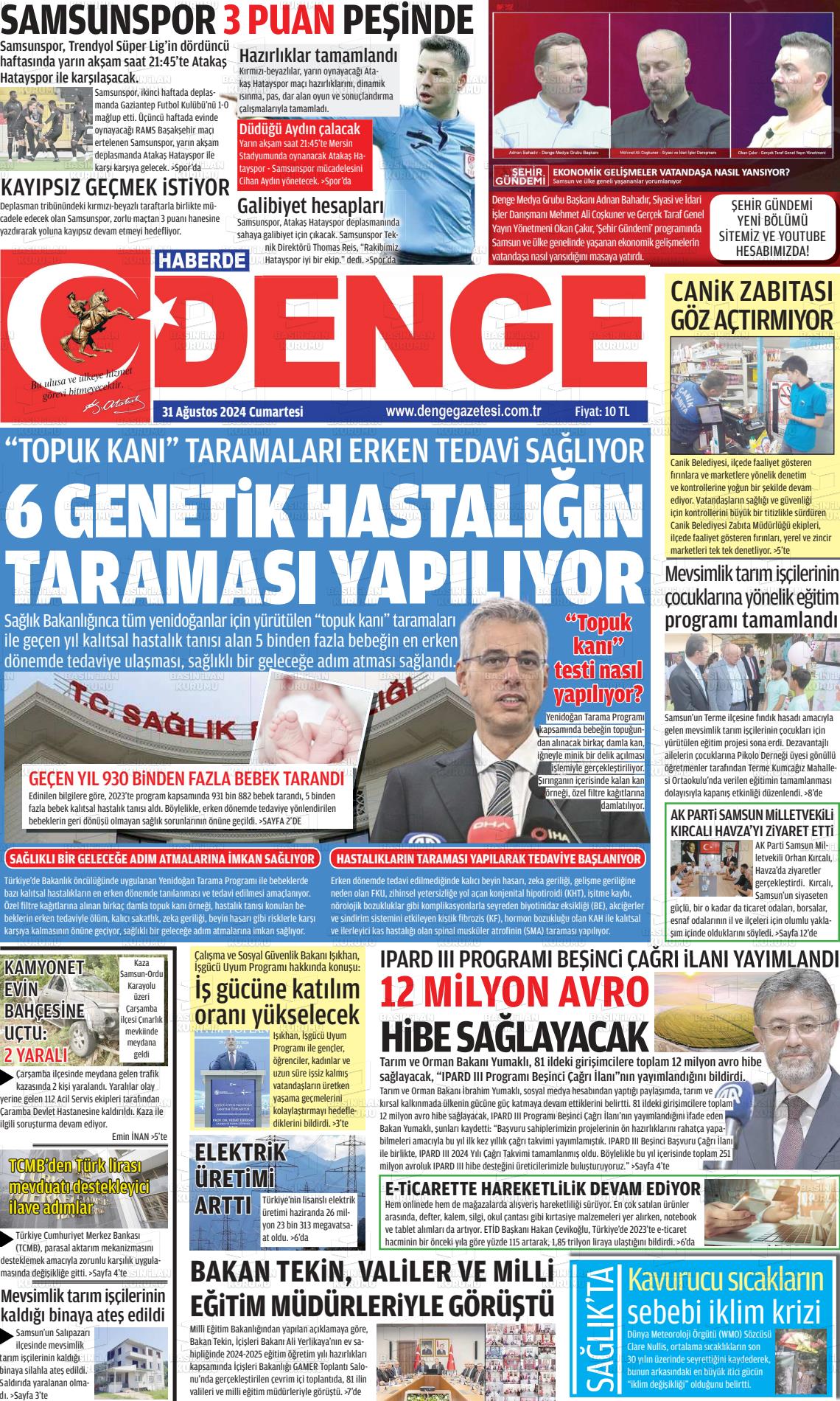 31 Ağustos 2024 Samsun Denge Gazete Manşeti