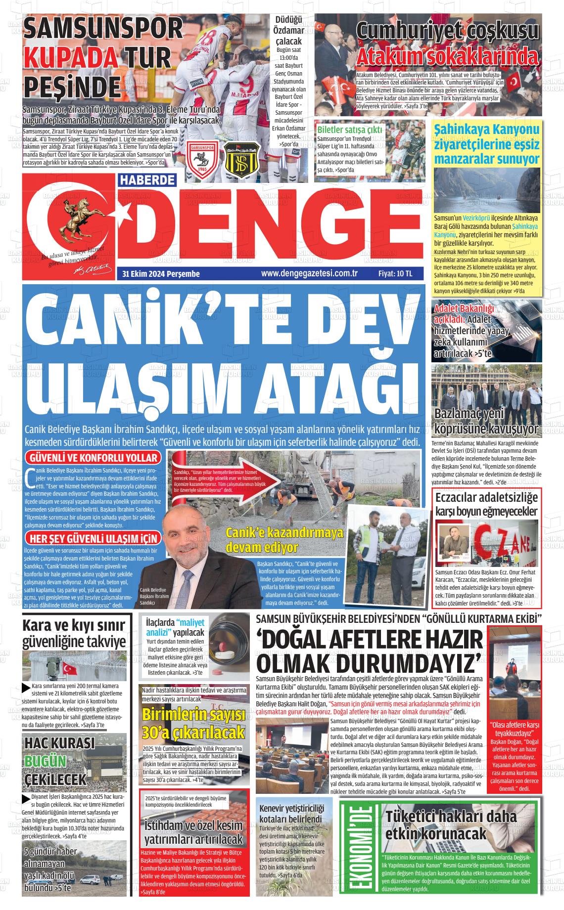 31 Ekim 2024 Samsun Denge Gazete Manşeti