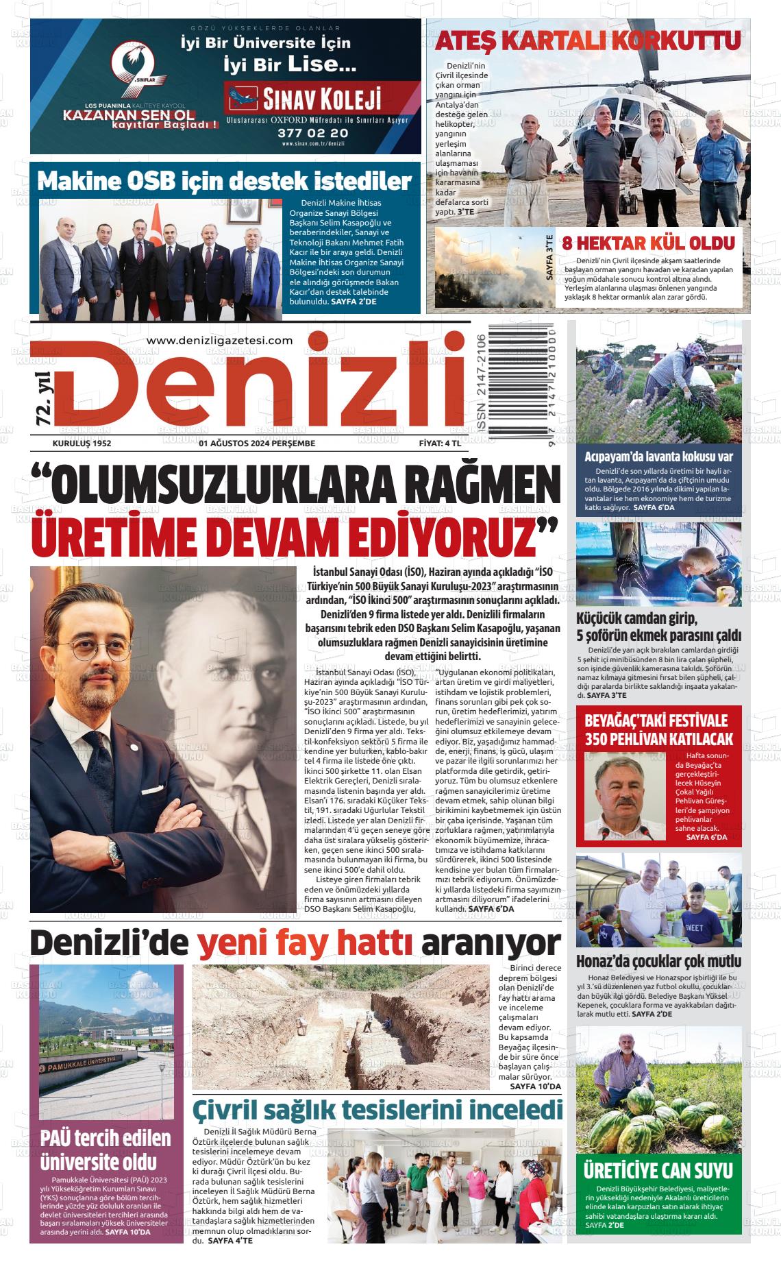 01 Ağustos 2024 Denizli Gazete Manşeti