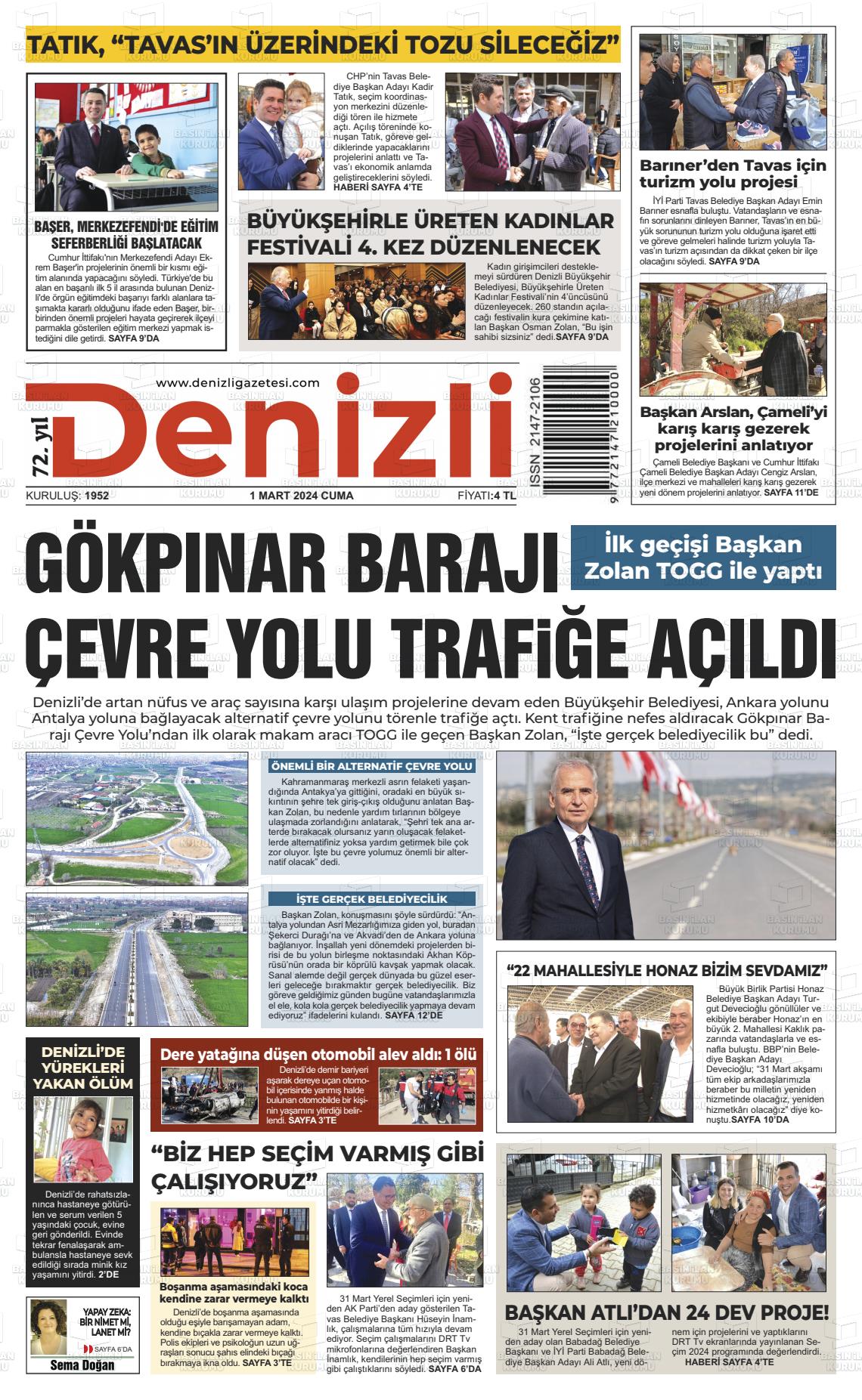 01 Mart 2024 Denizli Gazete Manşeti