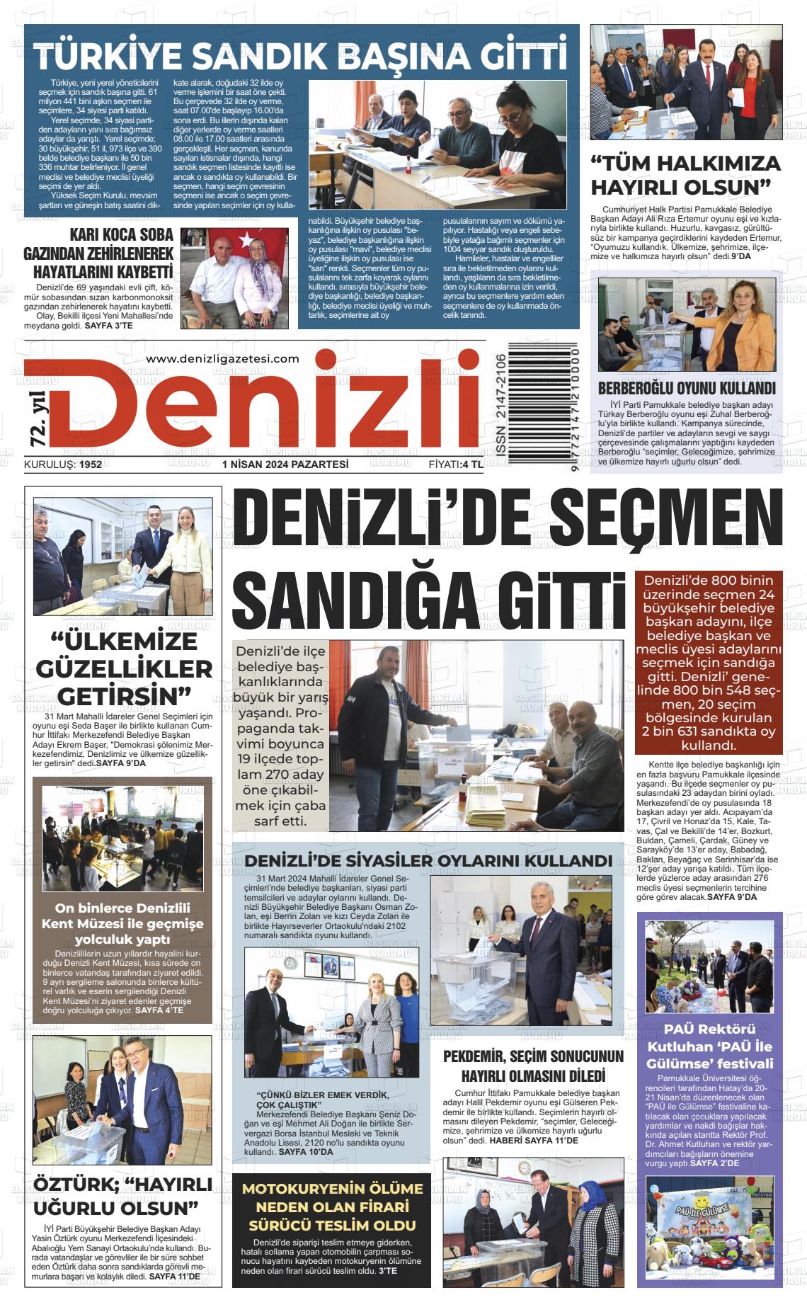 01 Nisan 2024 Denizli Gazete Manşeti