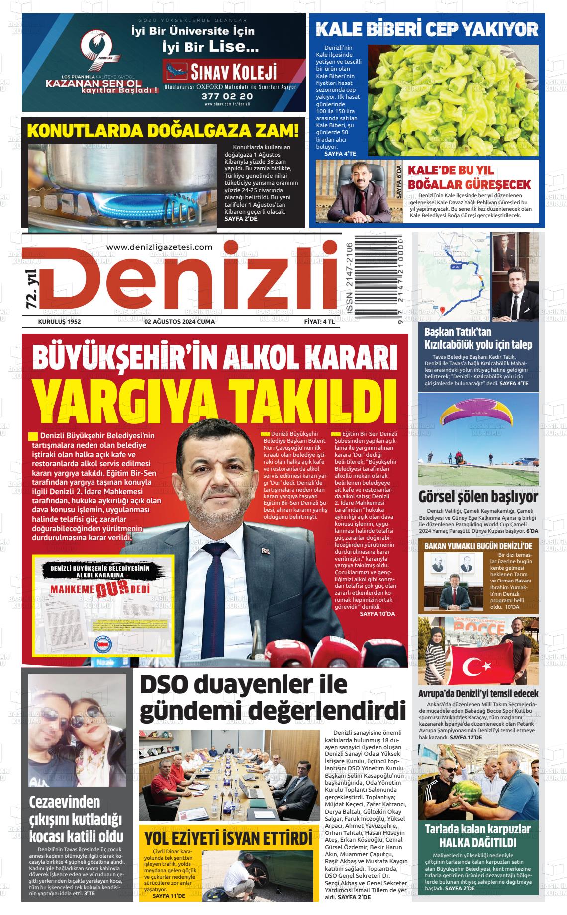 02 Ağustos 2024 Denizli Gazete Manşeti