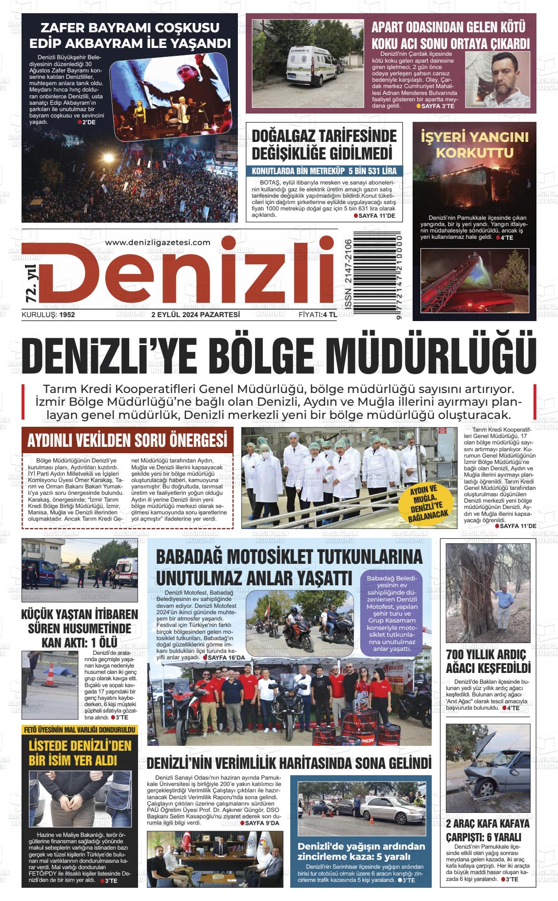 02 Eylül 2024 Denizli Gazete Manşeti