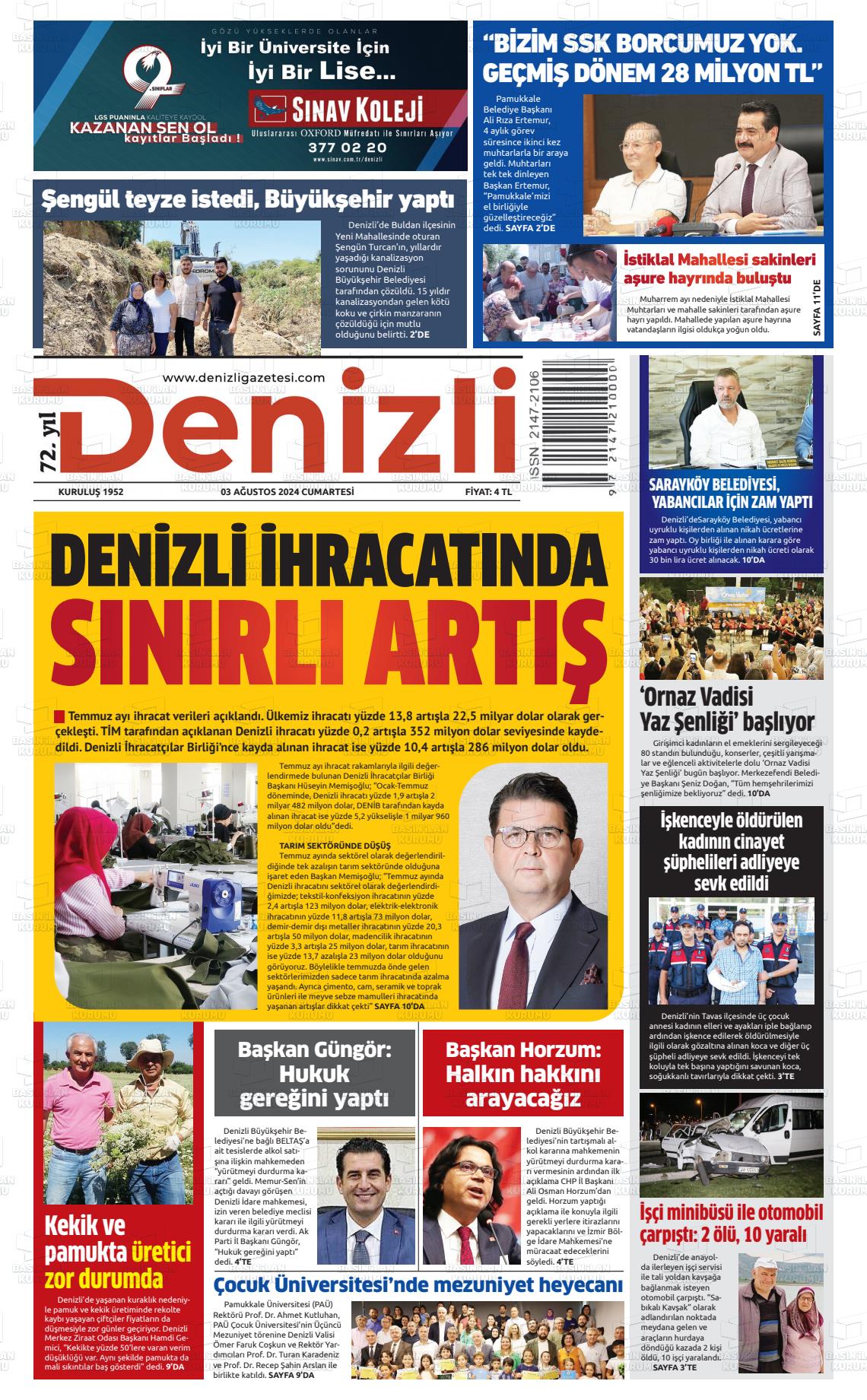 03 Ağustos 2024 Denizli Gazete Manşeti