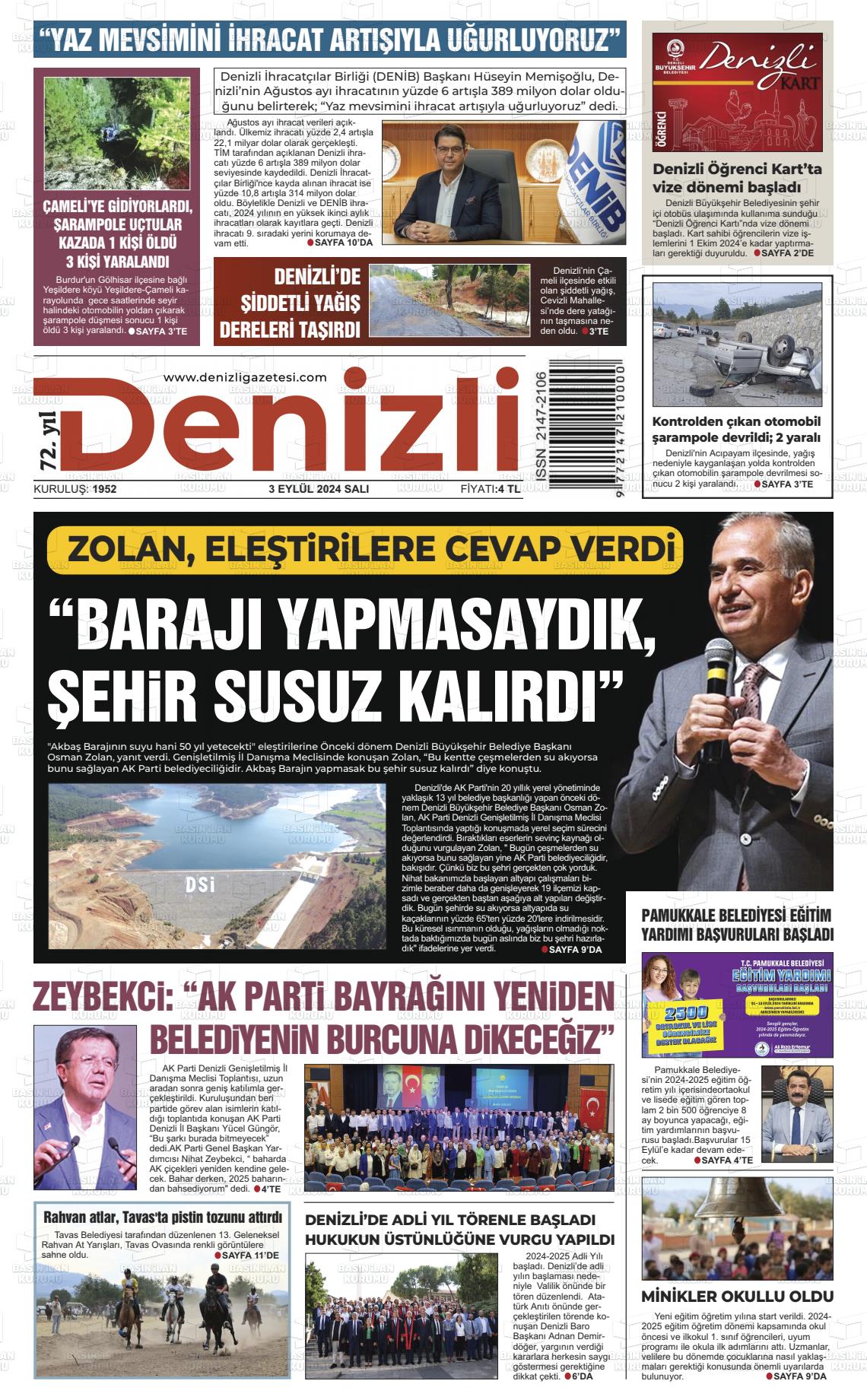 03 Eylül 2024 Denizli Gazete Manşeti