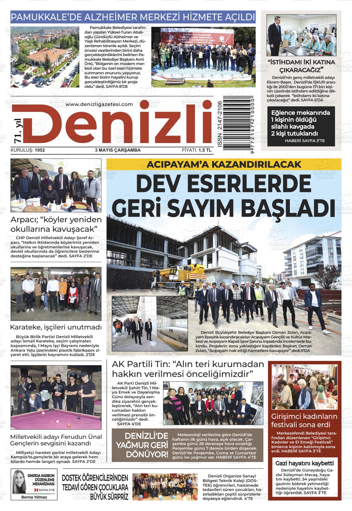 03 Mayıs 2023 Denizli Gazete Manşeti