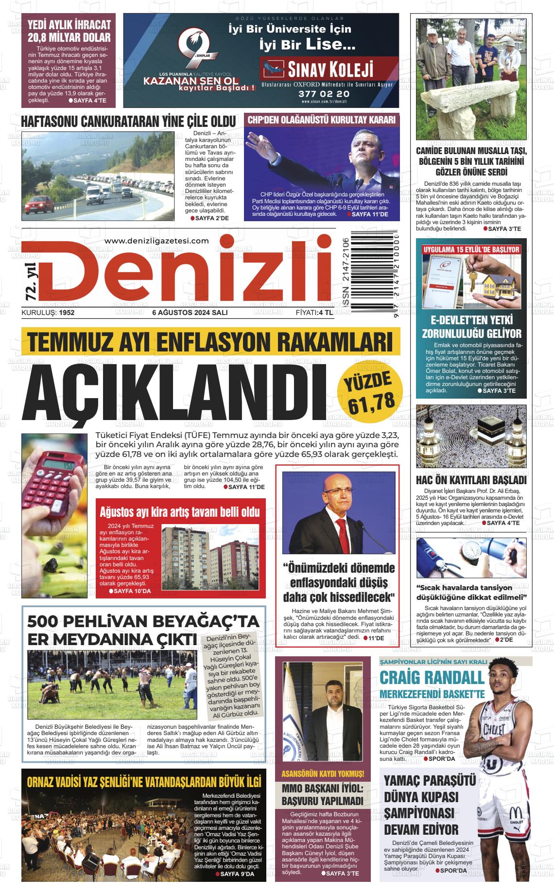 06 Ağustos 2024 Denizli Gazete Manşeti