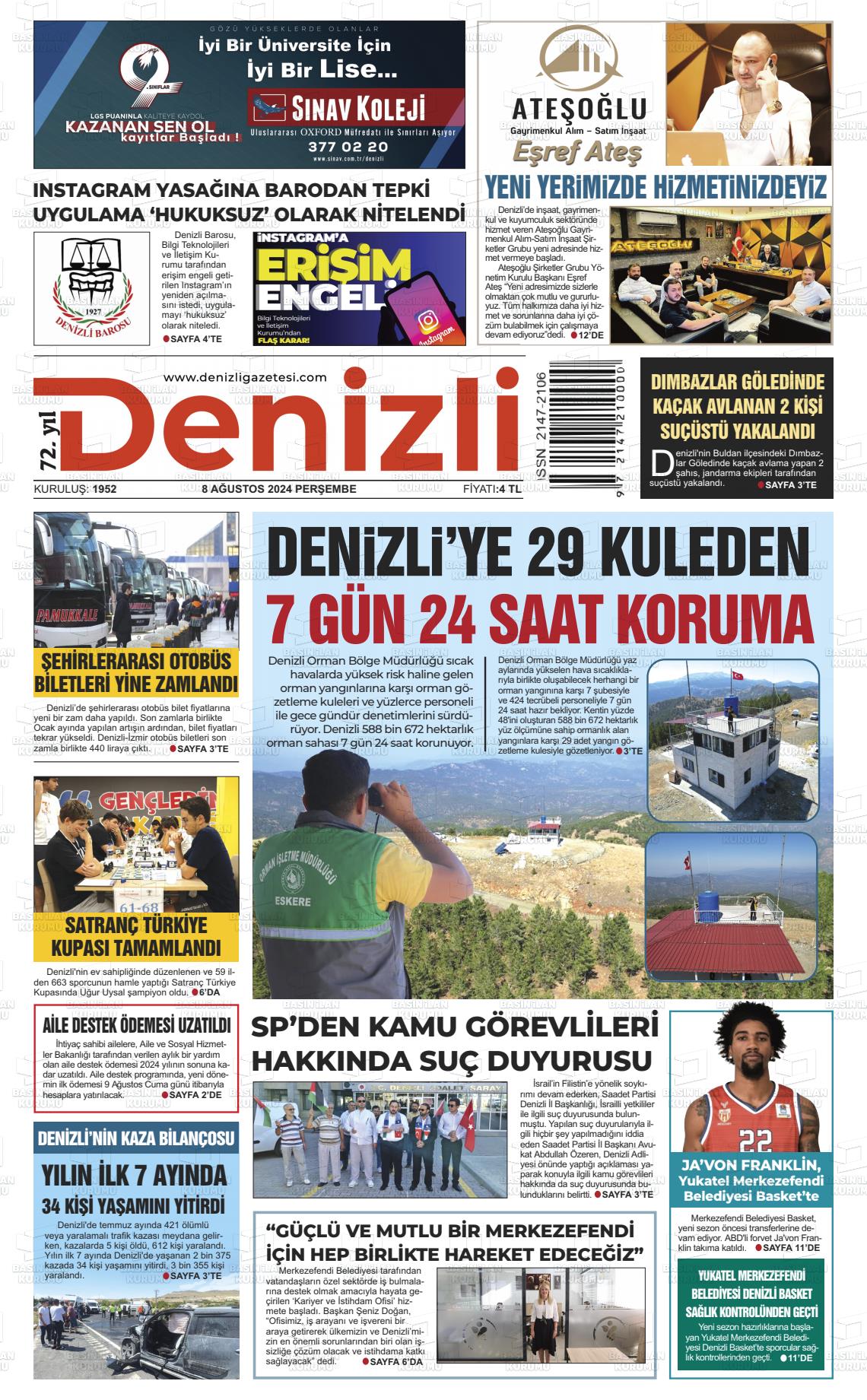 08 Ağustos 2024 Denizli Gazete Manşeti