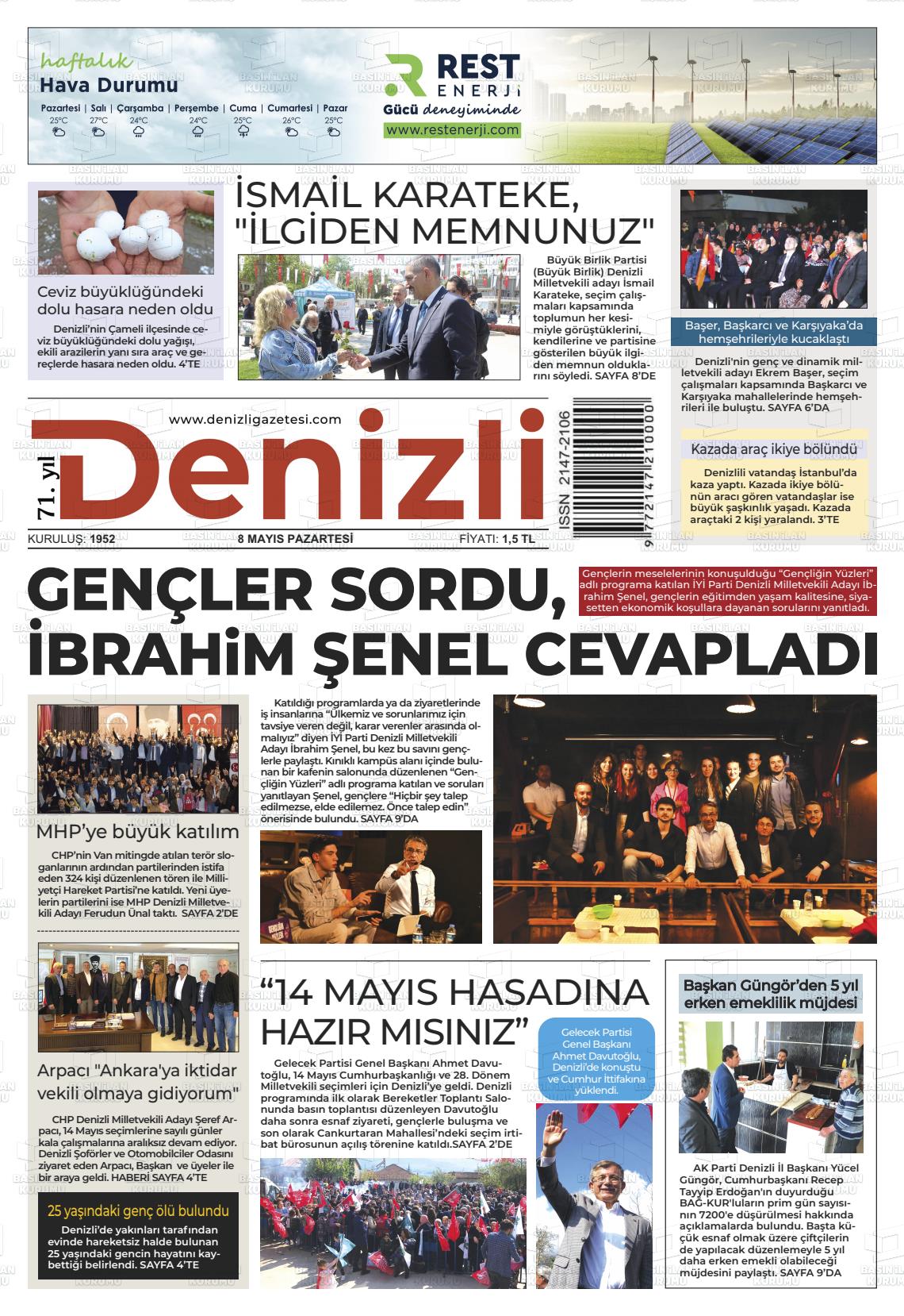 08 Mayıs 2023 Denizli Gazete Manşeti