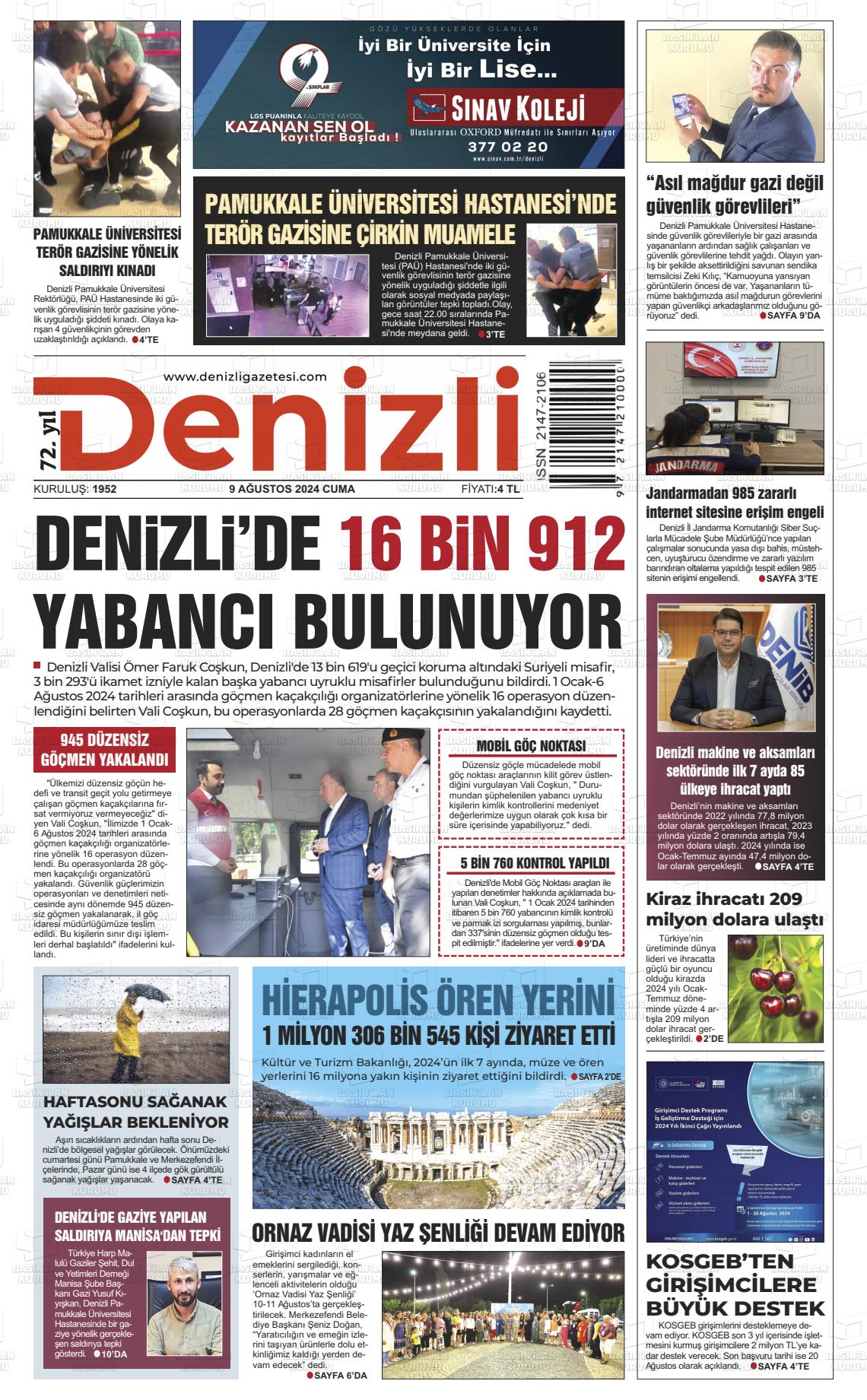 09 Ağustos 2024 Denizli Gazete Manşeti