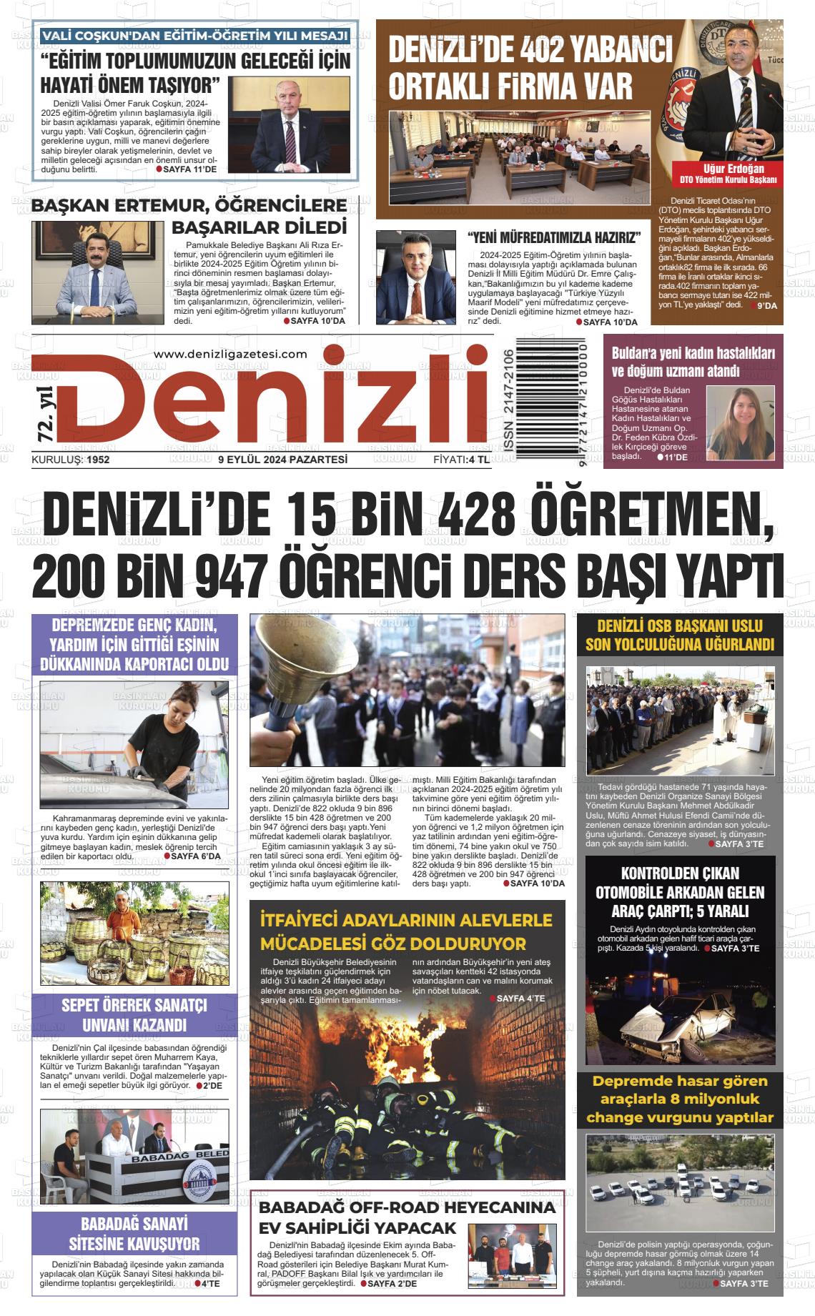 09 Eylül 2024 Denizli Gazete Manşeti