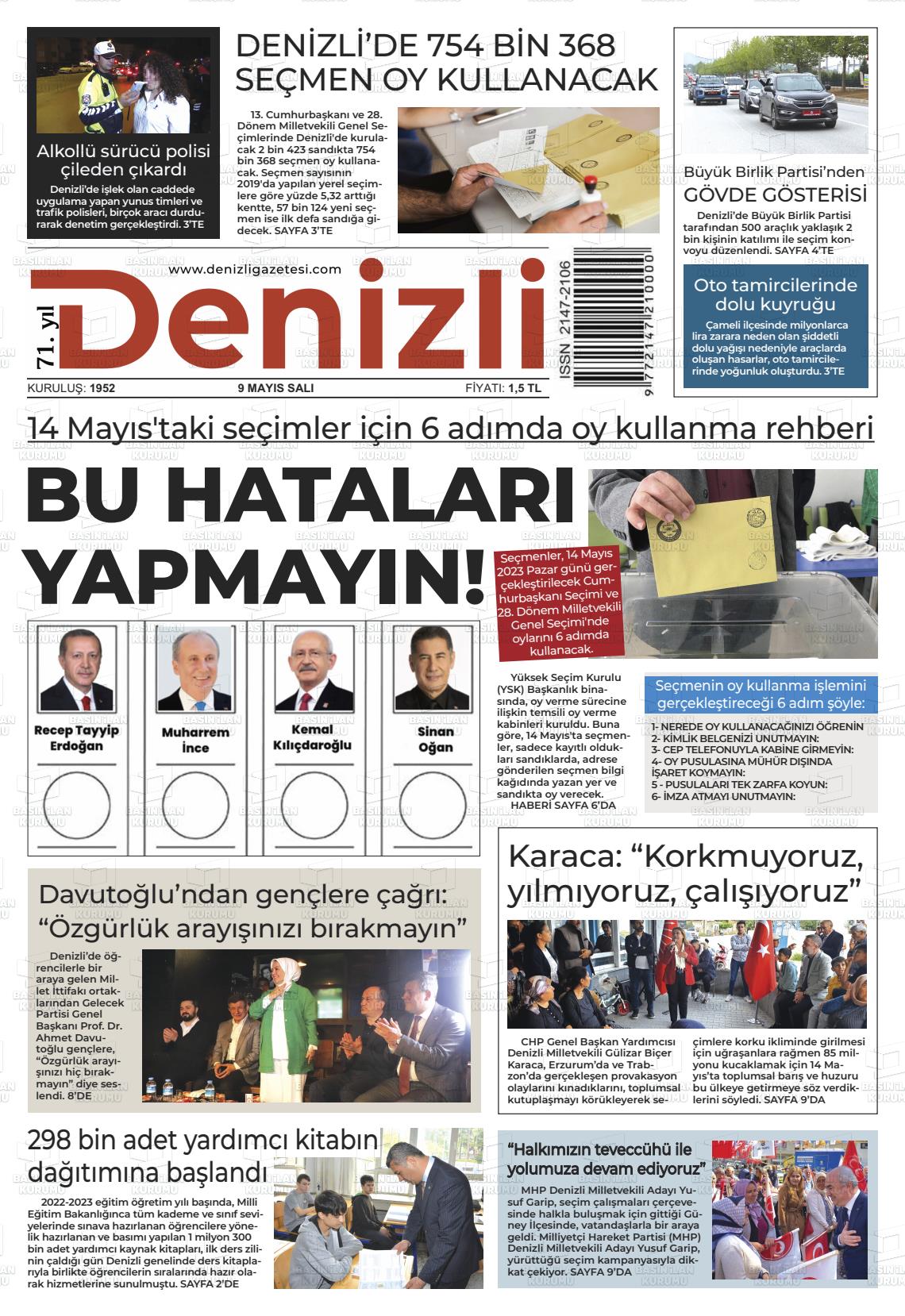 09 Mayıs 2023 Denizli Gazete Manşeti