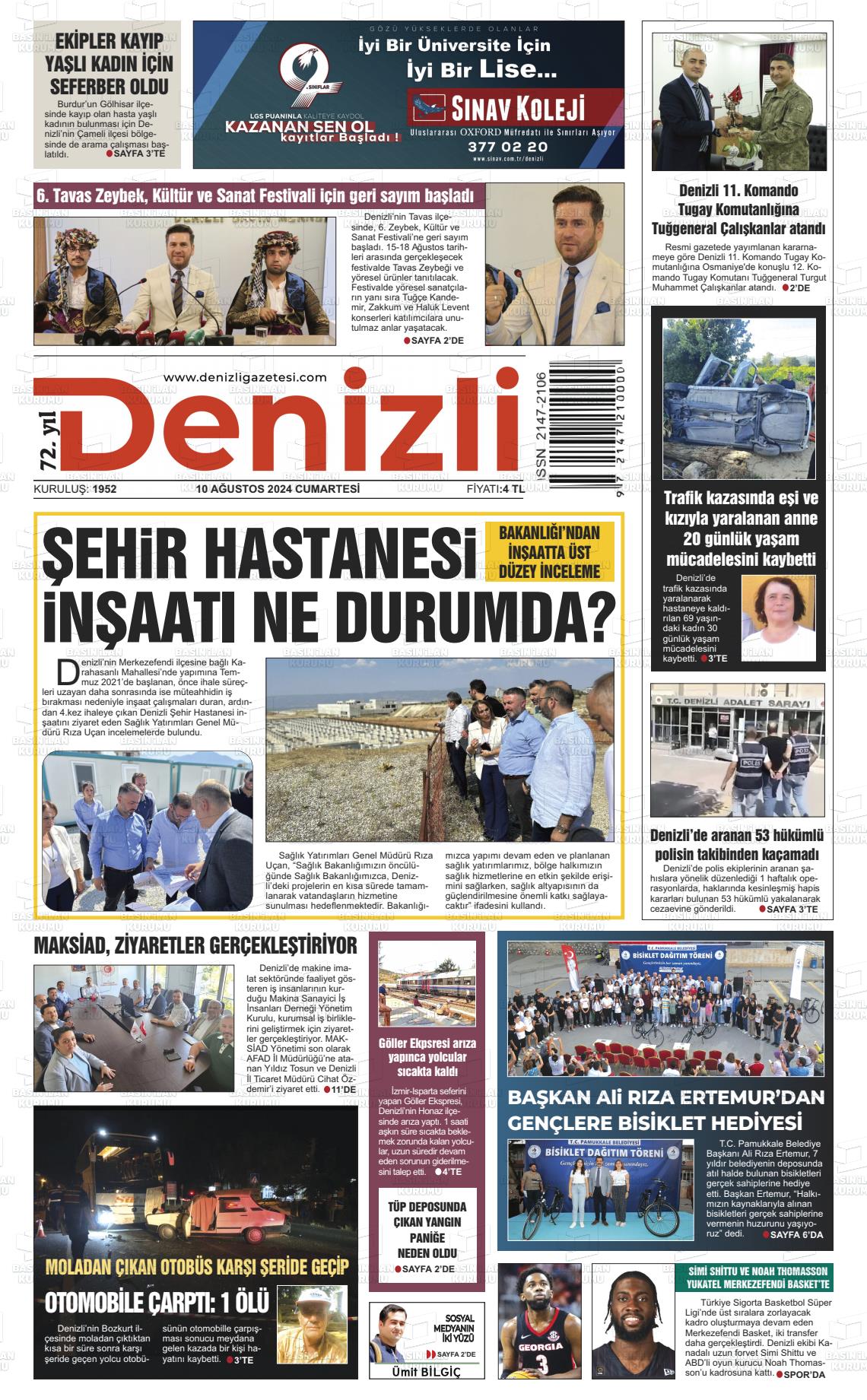 10 Ağustos 2024 Denizli Gazete Manşeti