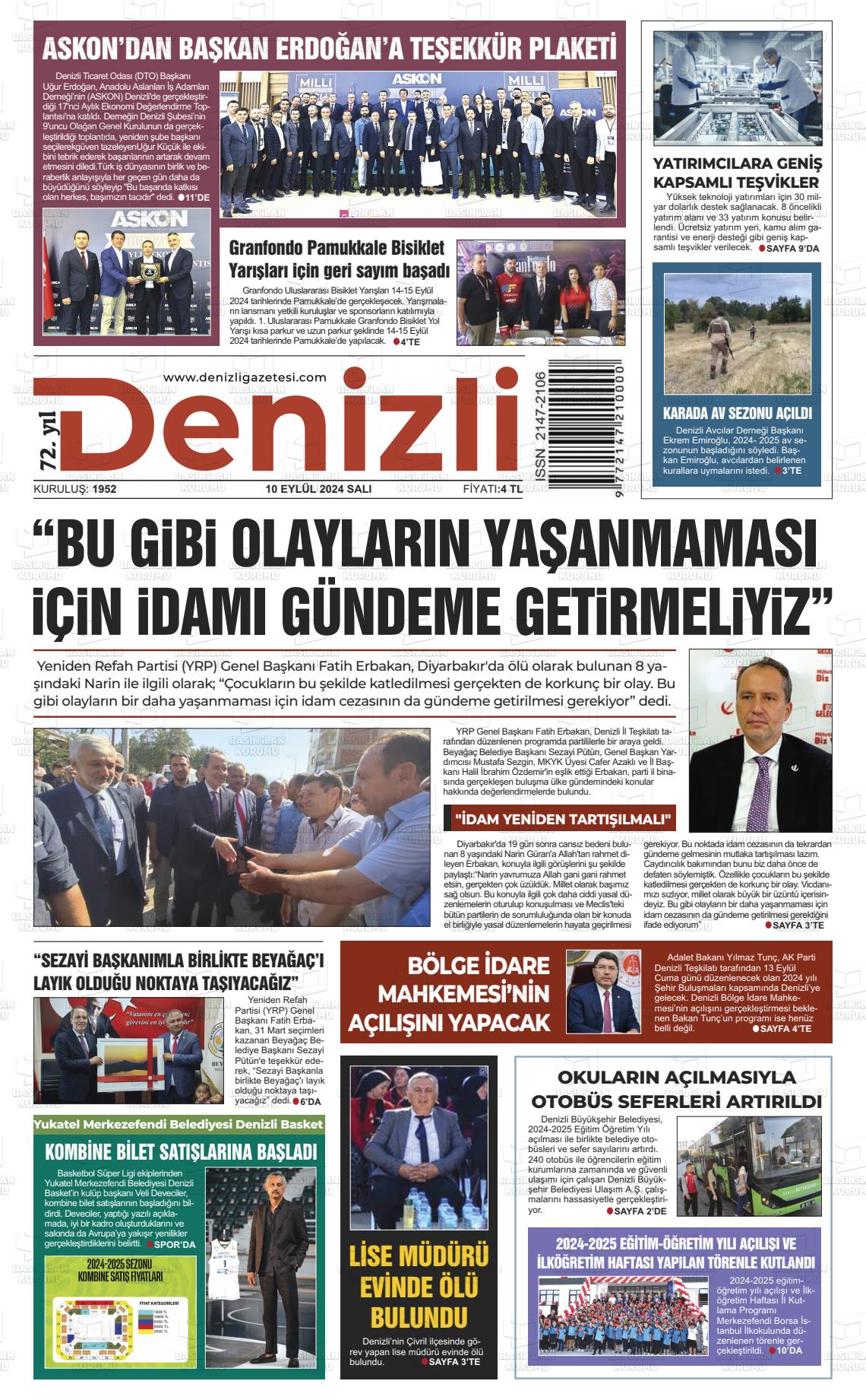 10 Eylül 2024 Denizli Gazete Manşeti