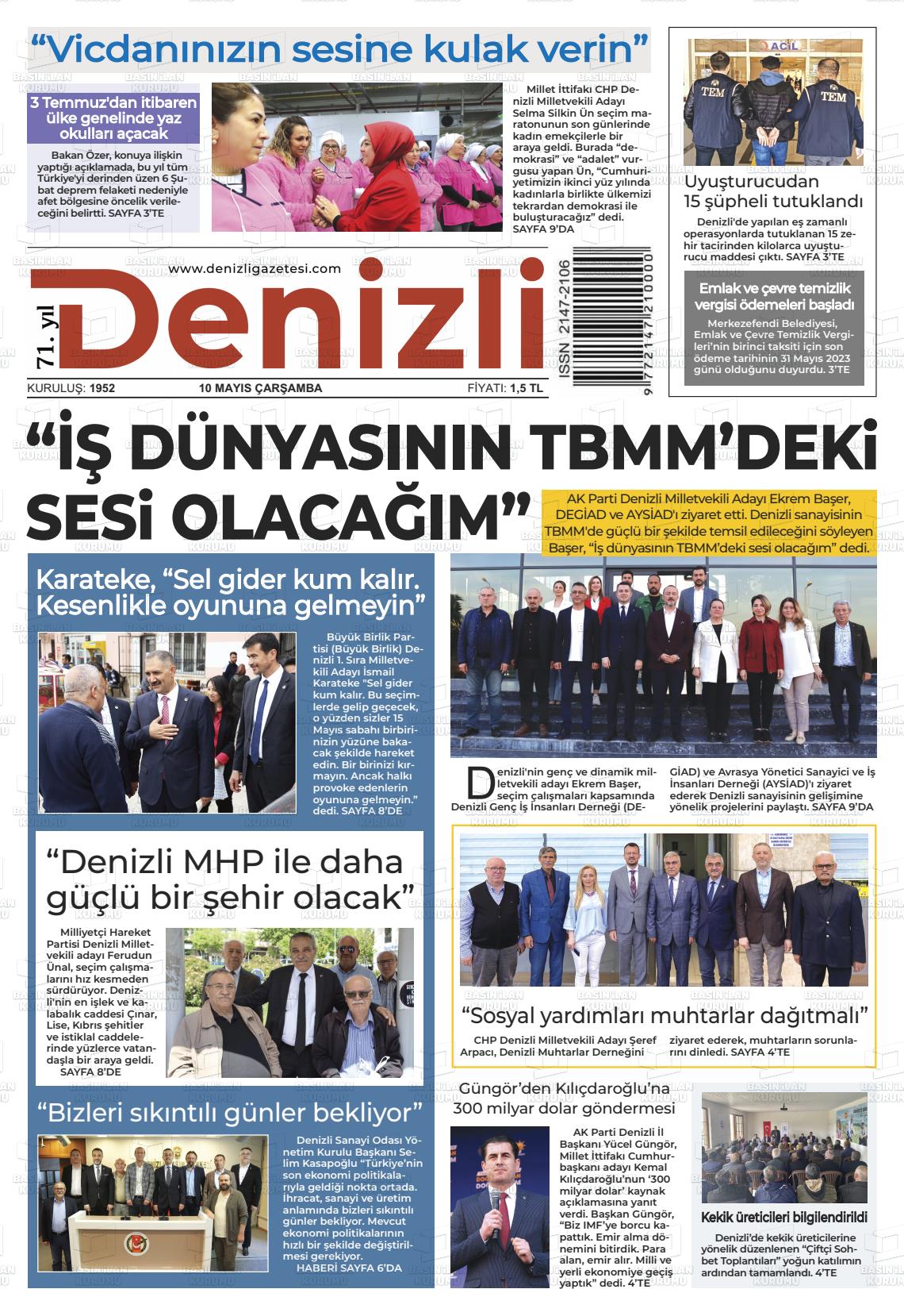 10 Mayıs 2023 Denizli Gazete Manşeti