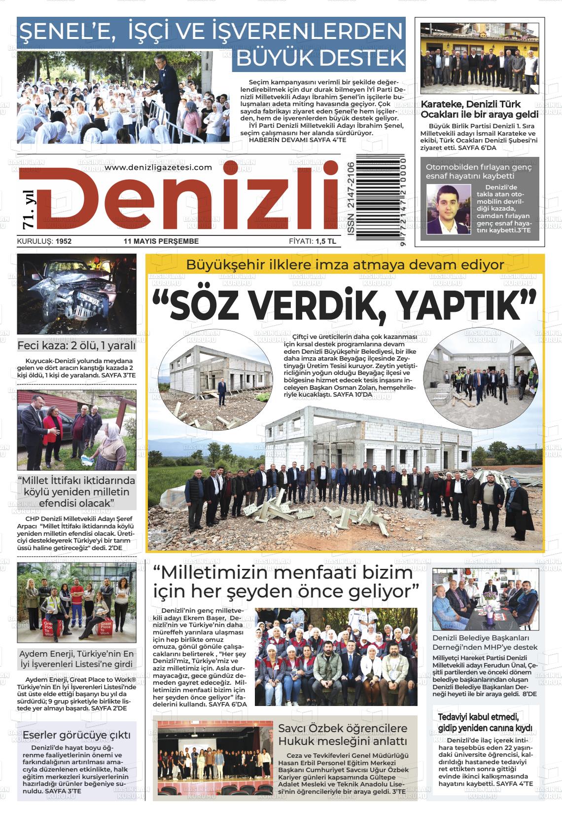 11 Mayıs 2023 Denizli Gazete Manşeti