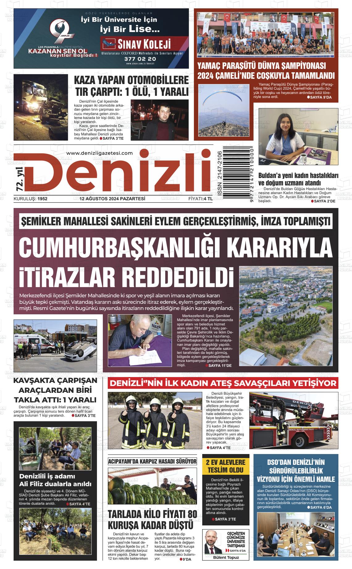 12 Ağustos 2024 Denizli Gazete Manşeti