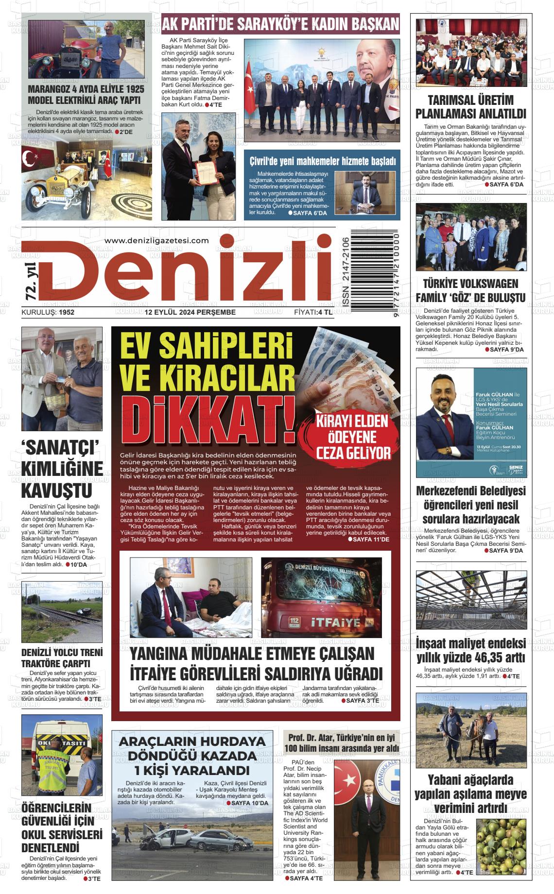 12 Eylül 2024 Denizli Gazete Manşeti