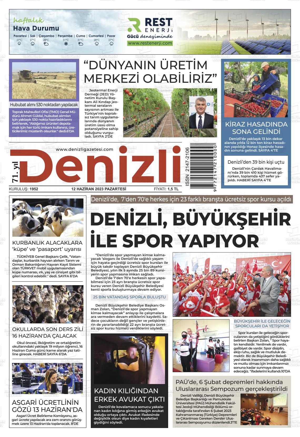 12 Haziran 2023 Denizli Gazete Manşeti