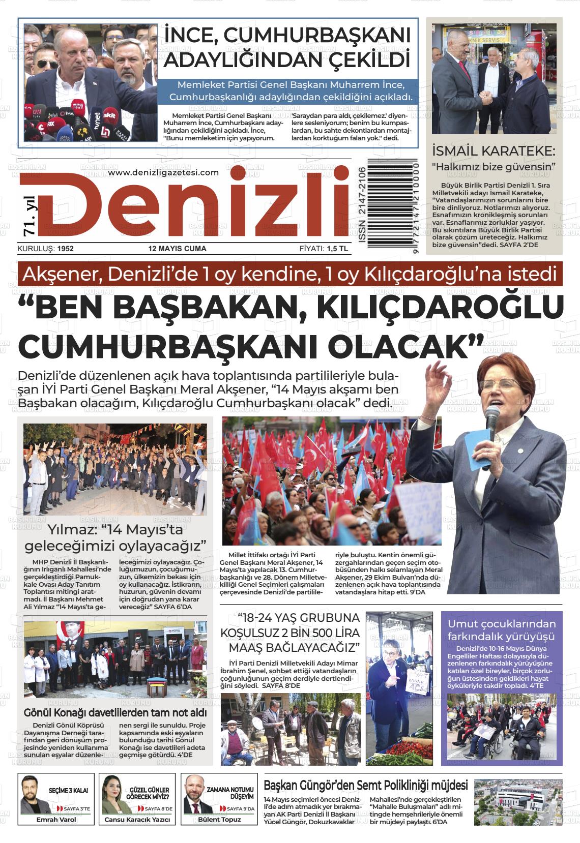 12 Mayıs 2023 Denizli Gazete Manşeti