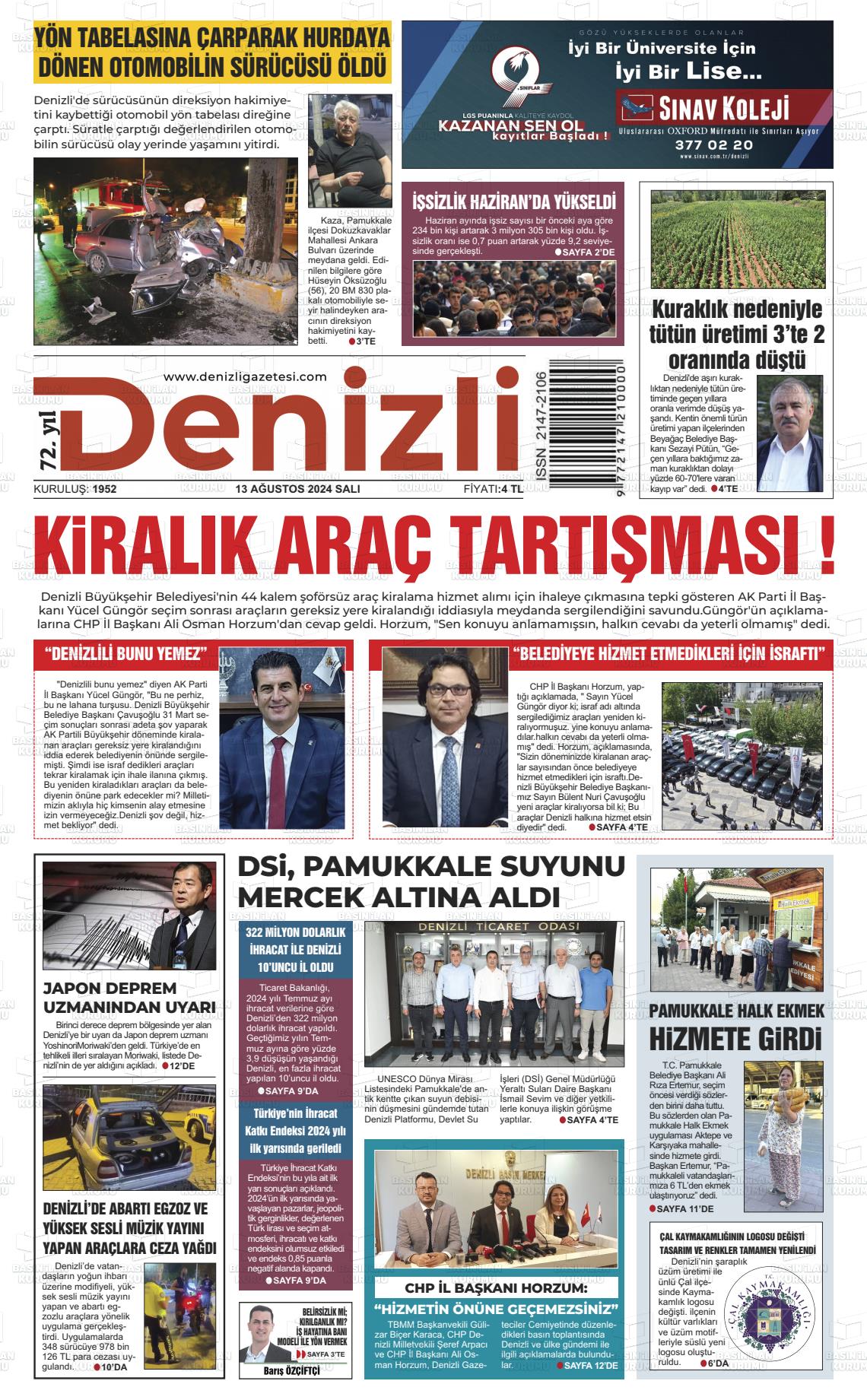 13 Ağustos 2024 Denizli Gazete Manşeti