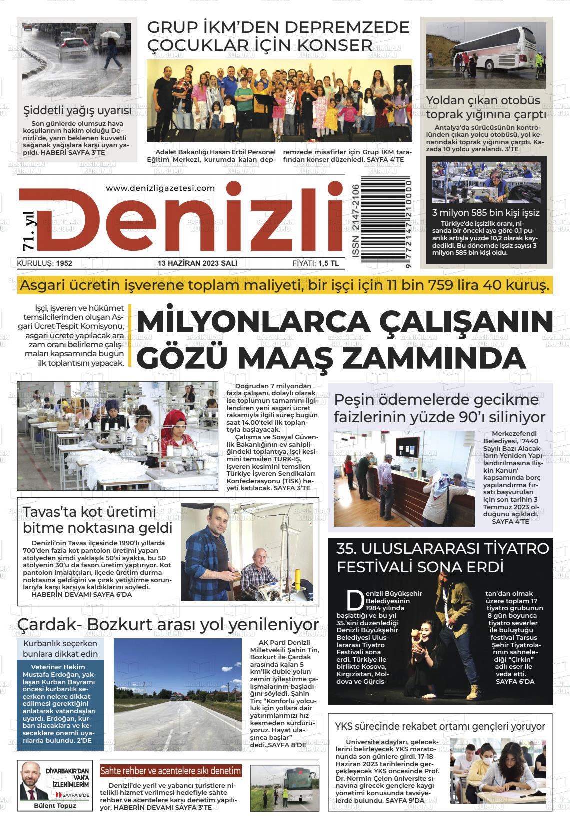 13 Haziran 2023 Denizli Gazete Manşeti