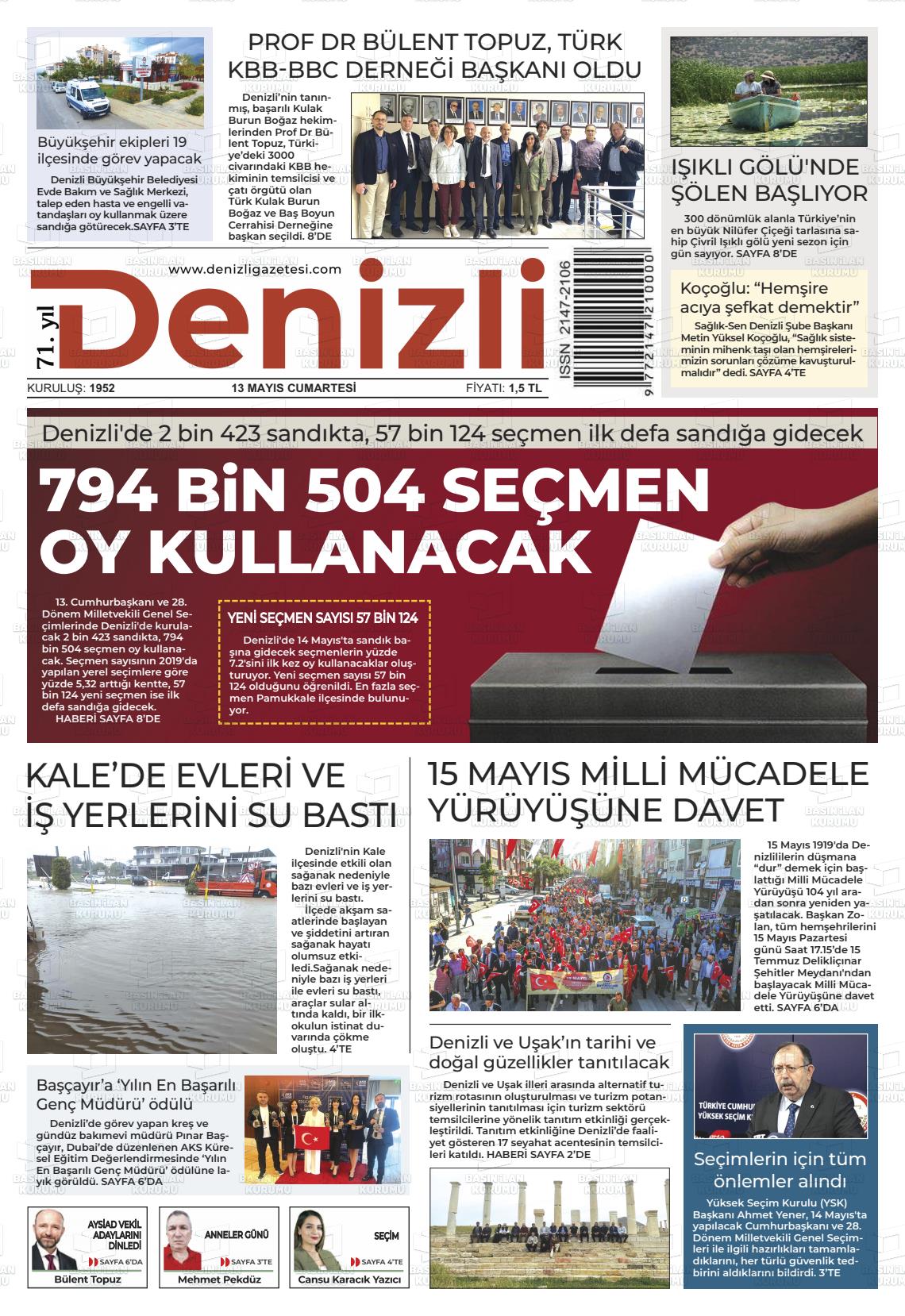 13 Mayıs 2023 Denizli Gazete Manşeti