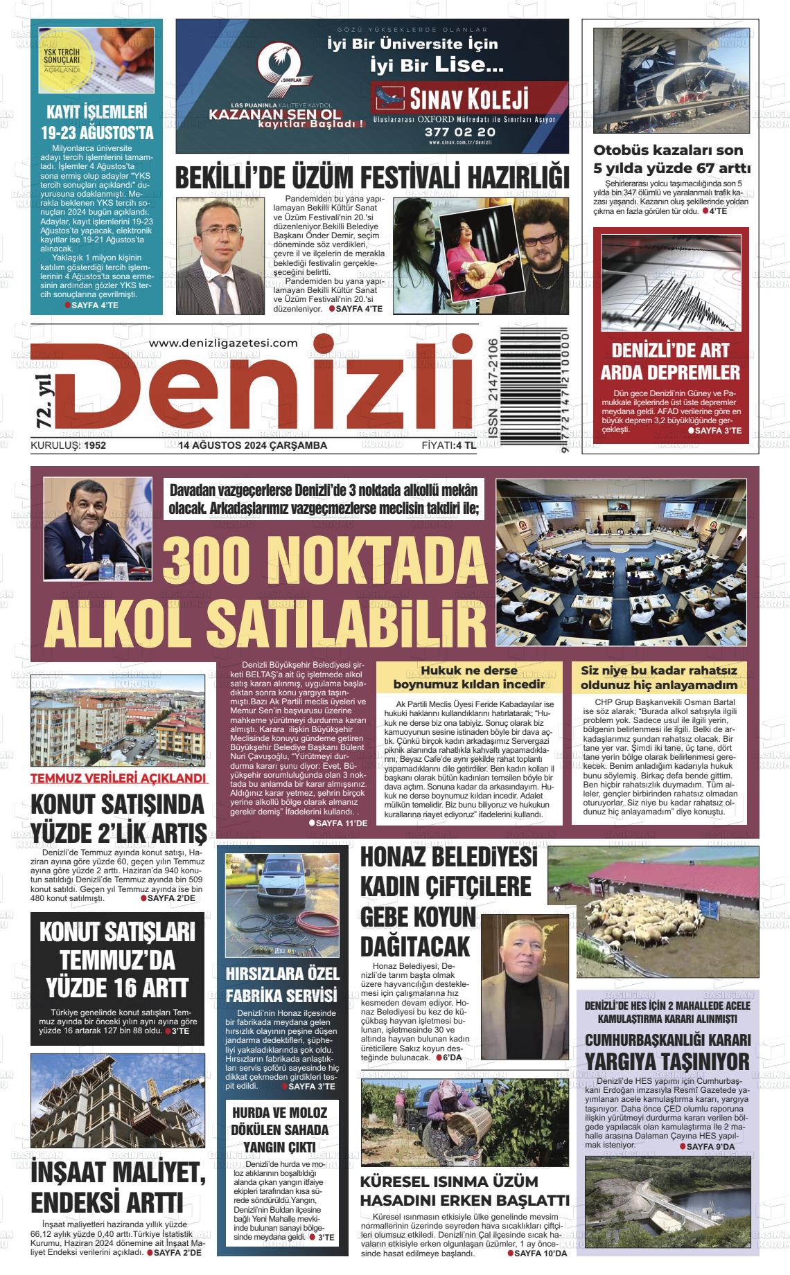 14 Ağustos 2024 Denizli Gazete Manşeti