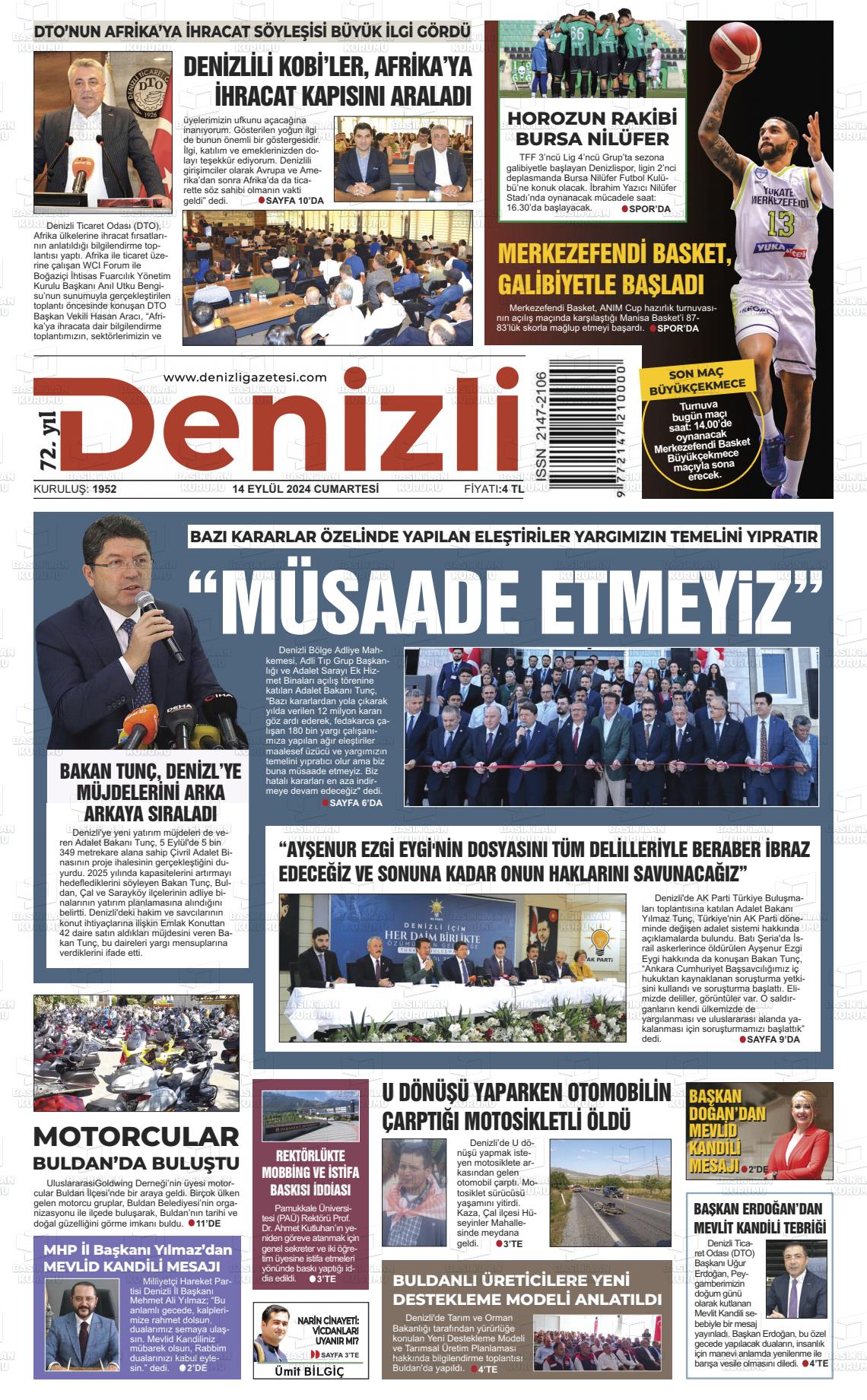 14 Eylül 2024 Denizli Gazete Manşeti