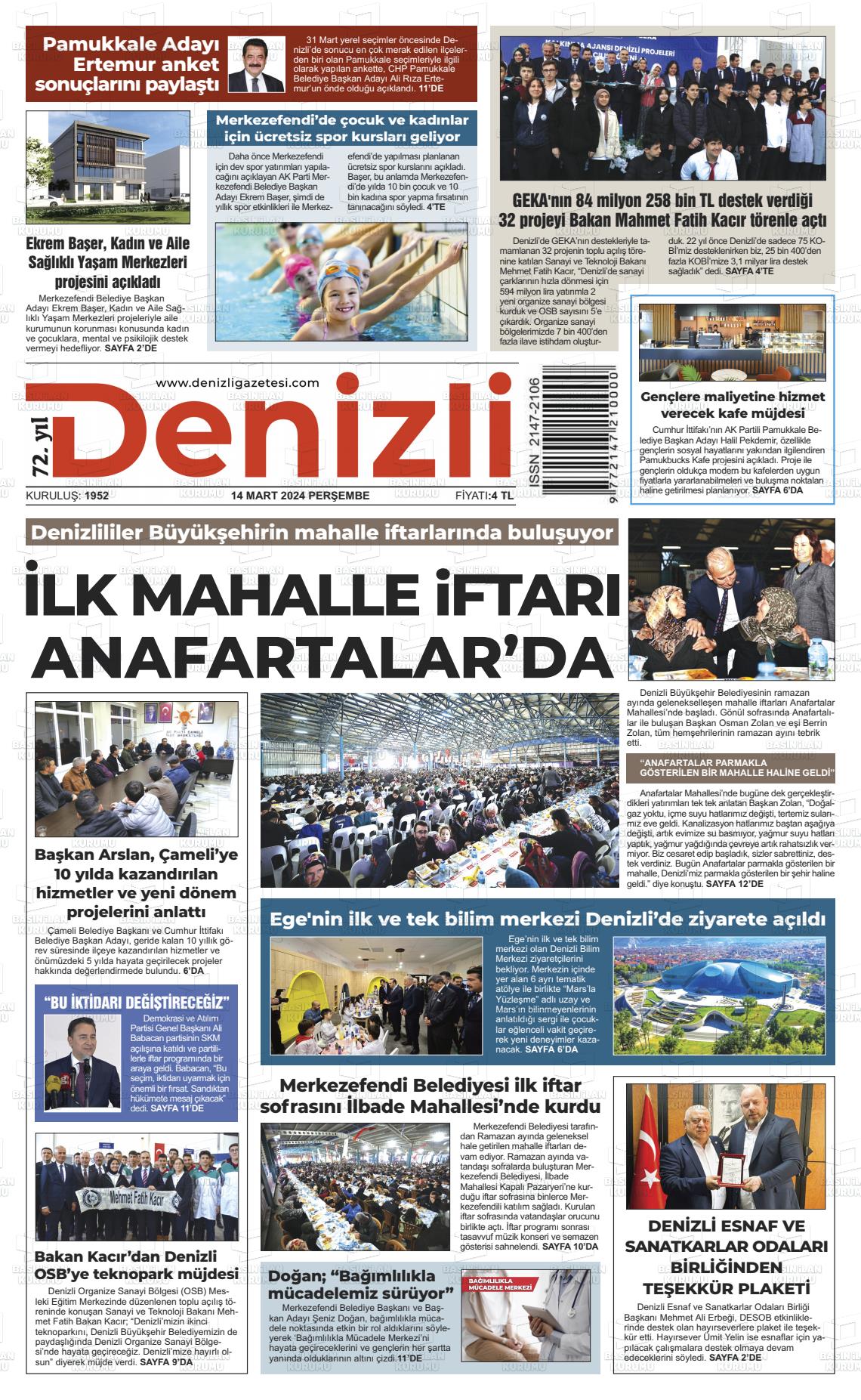 14 Mart 2024 Denizli Gazete Manşeti